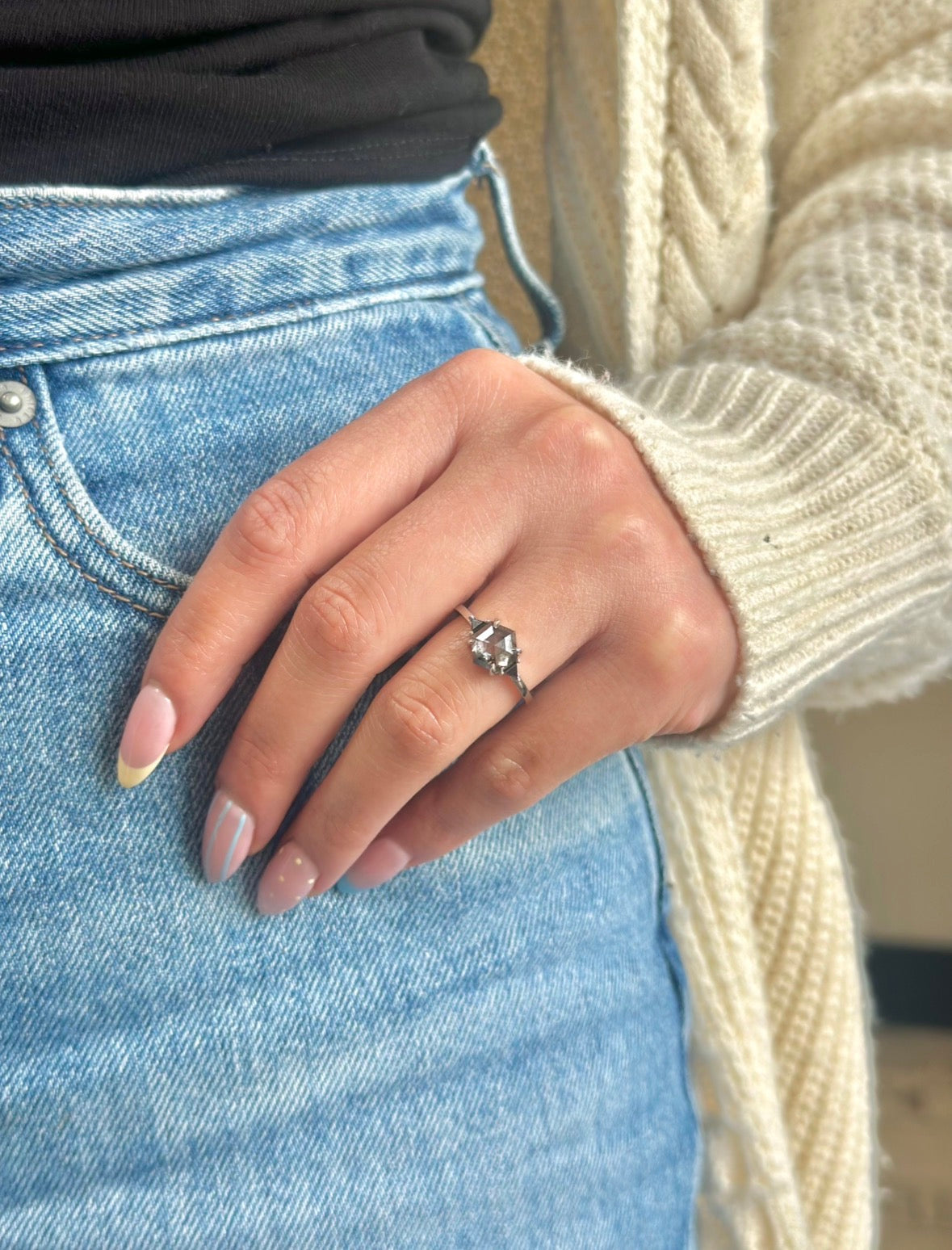 2.16 Carat Salt and Pepper Hexagon Diamond Engagement Ring, Zoe Setting