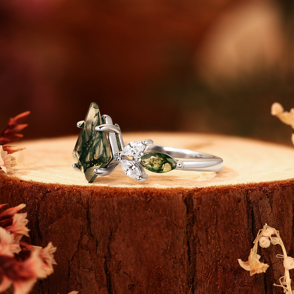 Nature Inspired 8x12mm Kite Cut Moss Agate Engagement Ring Forest Leaf Design