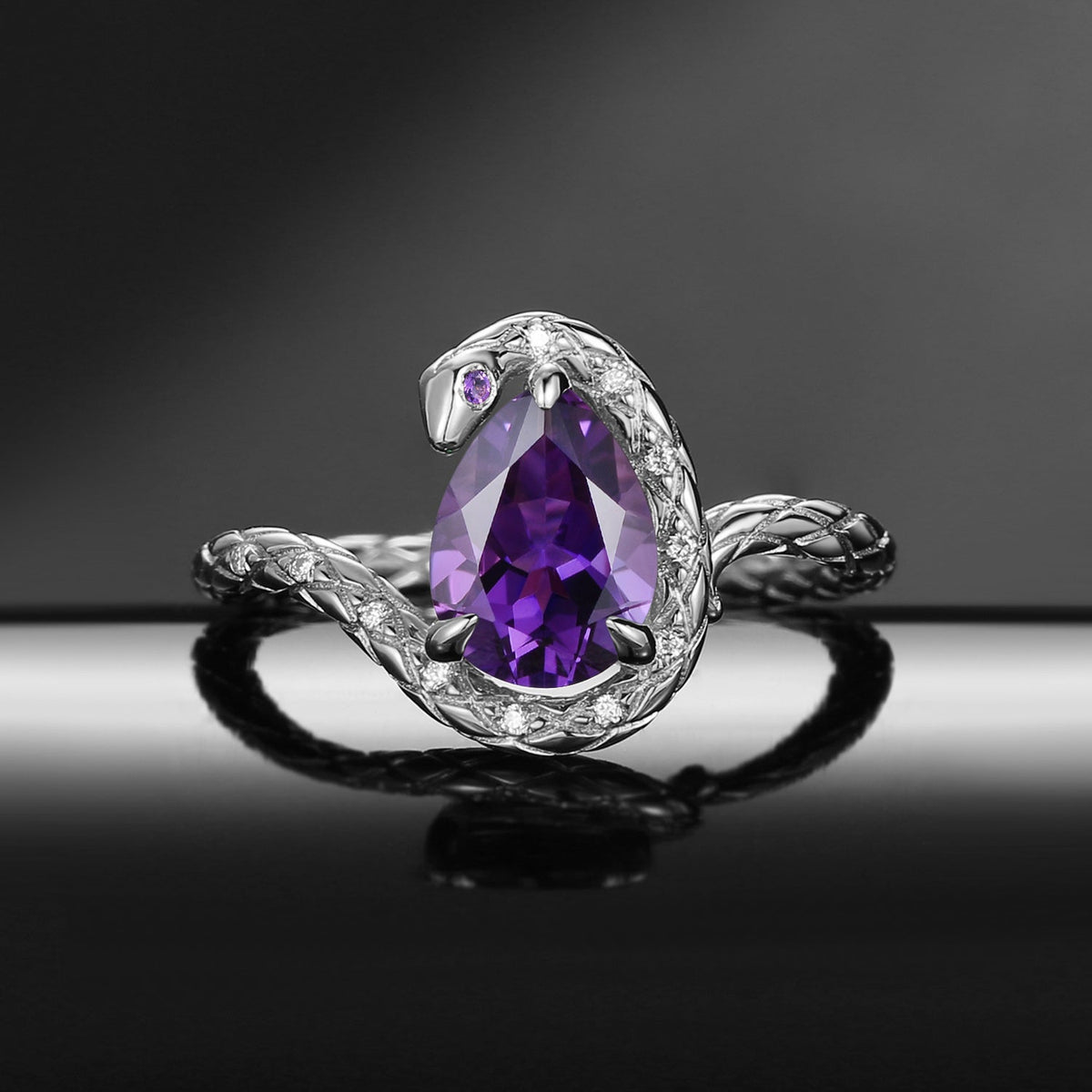 Serpent's Embrace - Gothic Pear Cut Amethyst Snake Engagement Ring with Snake-skin Textured Band