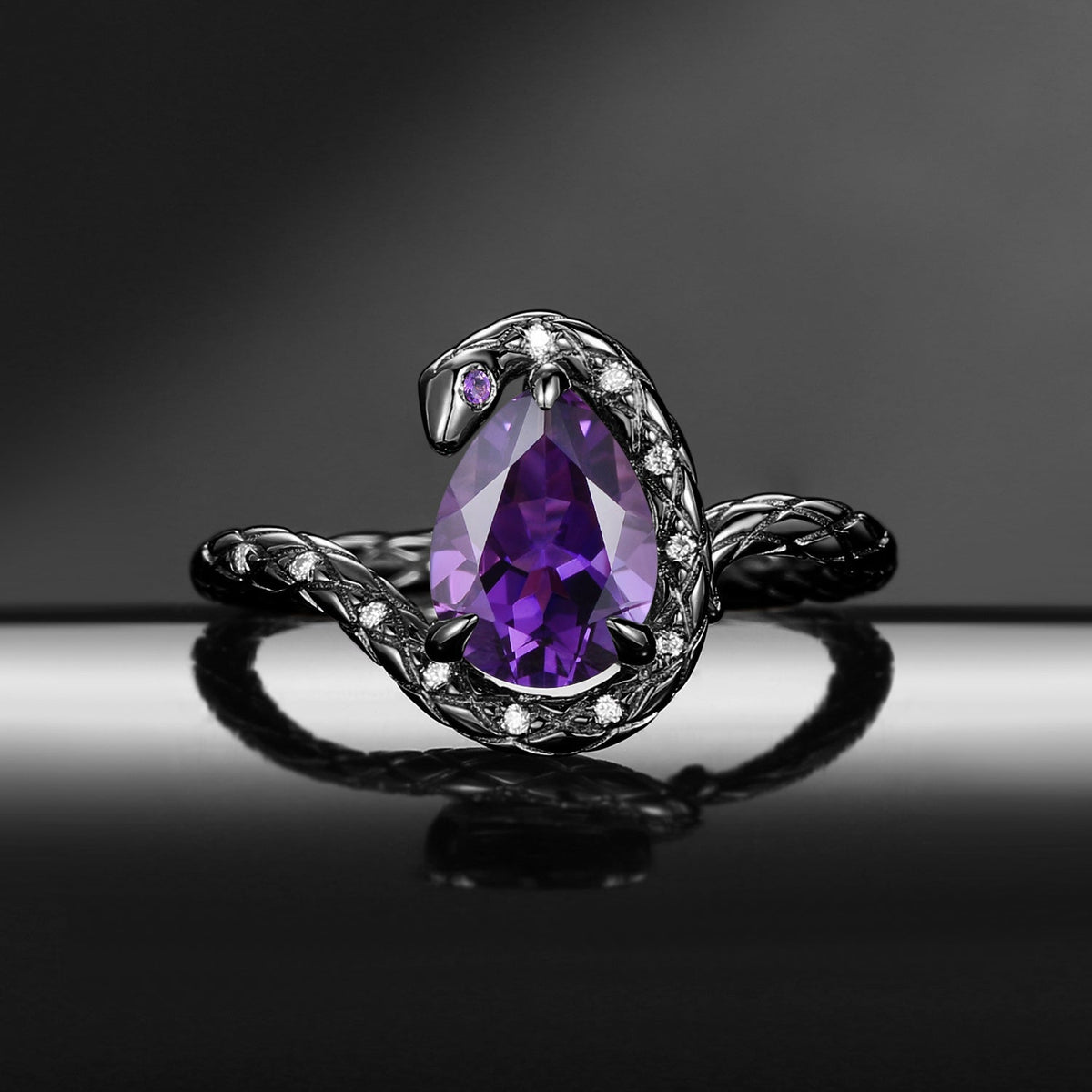 Serpent's Embrace - Gothic Pear Cut Amethyst Snake Engagement Ring with Snake-skin Textured Band