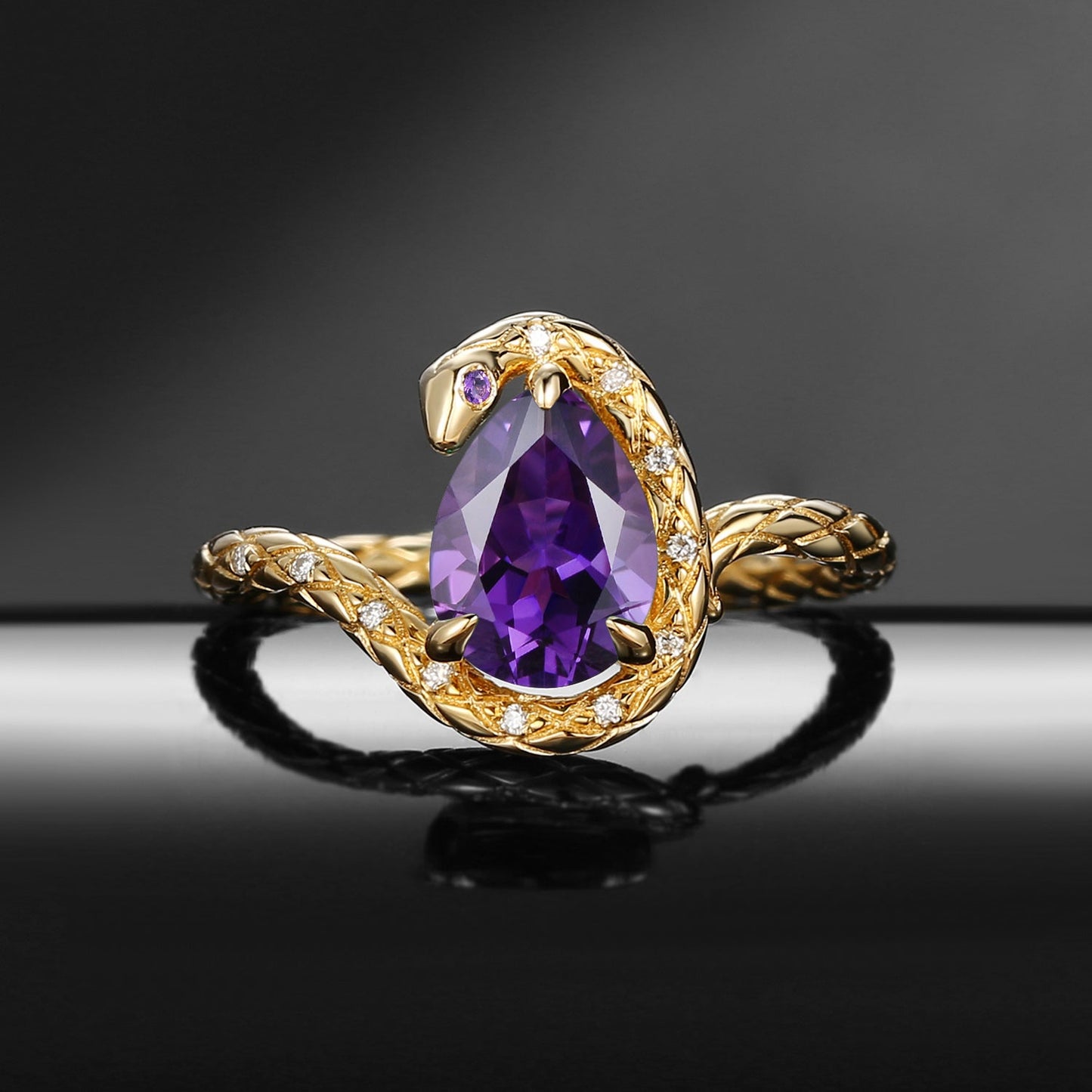 Serpent's Embrace - Gothic Pear Cut Amethyst Snake Engagement Ring with Snake-skin Textured Band