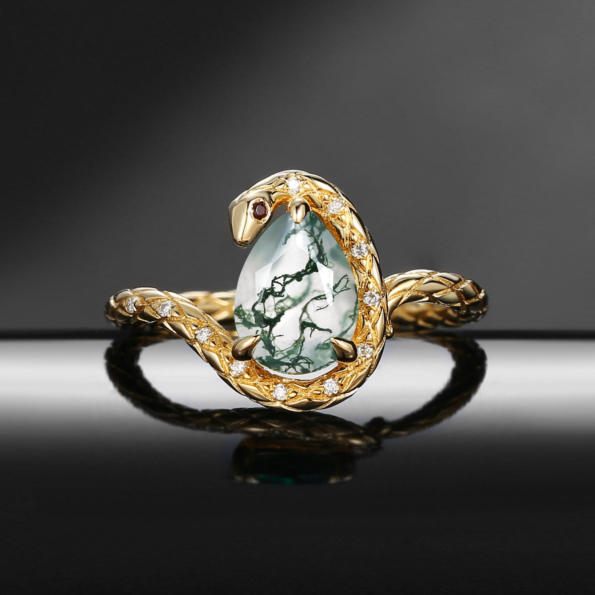Serpent's Embrace - Gothic Pear Cut Moss Agate Snake Engagement Ring with Snake-skin Textured Band