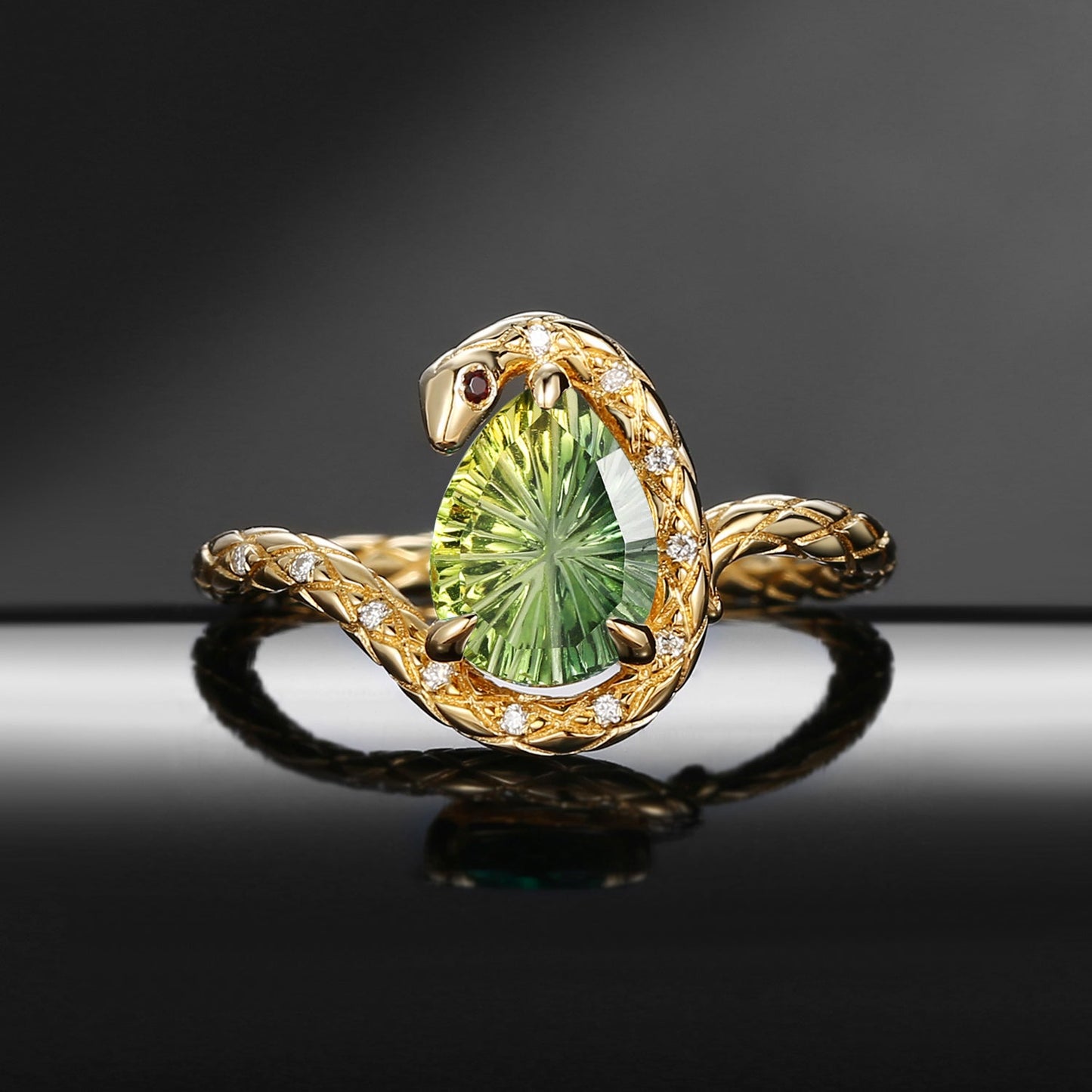 Serpent's Embrace - Gothic Fantasy Carved Pear Natural Multi-Colored Sapphire Snake Twist Alternative Bride Engagement Ring