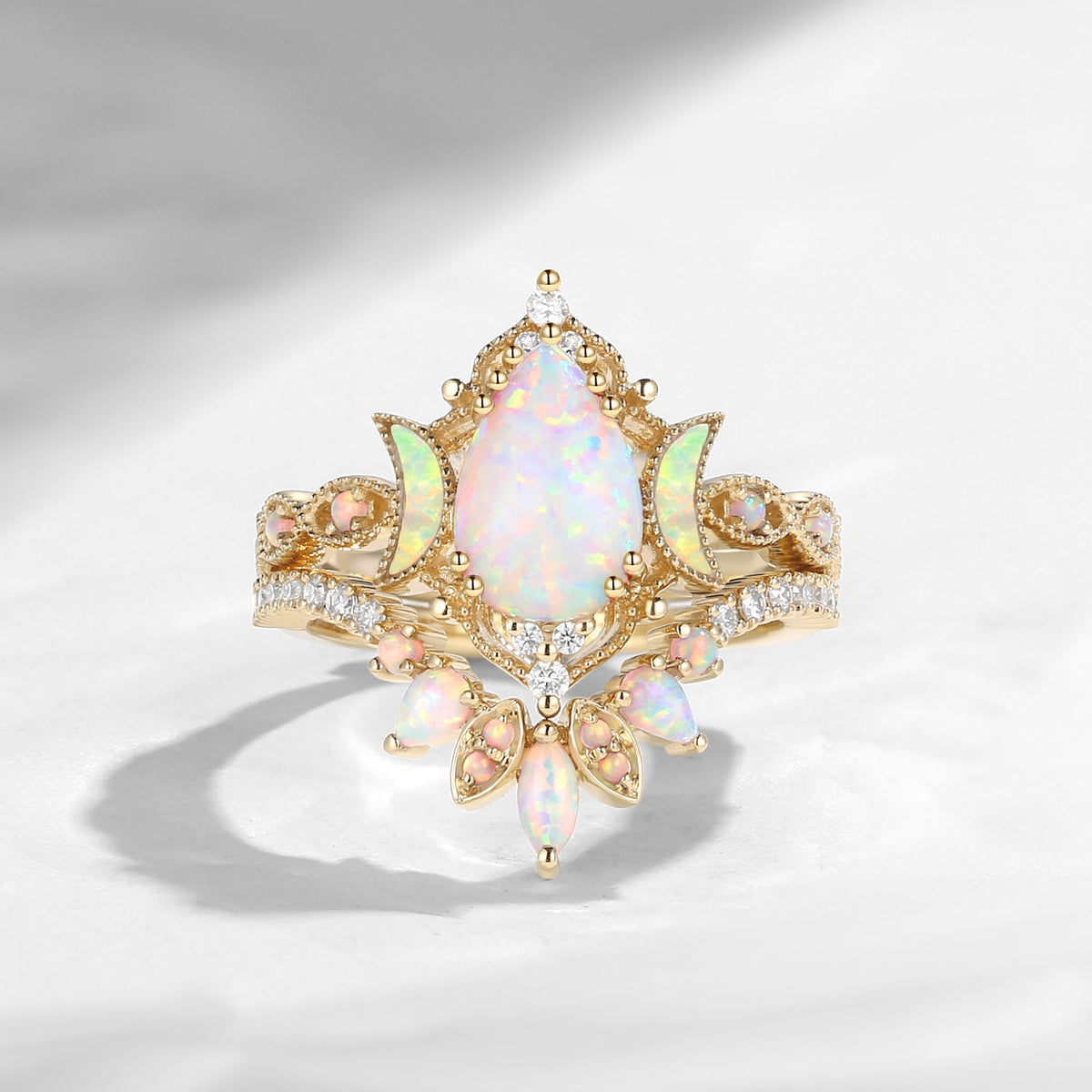 Crescent Moon | Pear Cut Pink Lab Opal 'Ultra Galaxy' Engagement Ring Set 2pcs