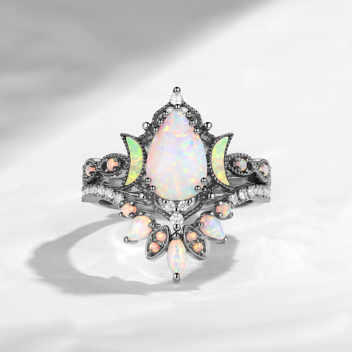 Crescent Moon | Pear Cut Pink Lab Opal 'Ultra Galaxy' Engagement Ring Set 2pcs