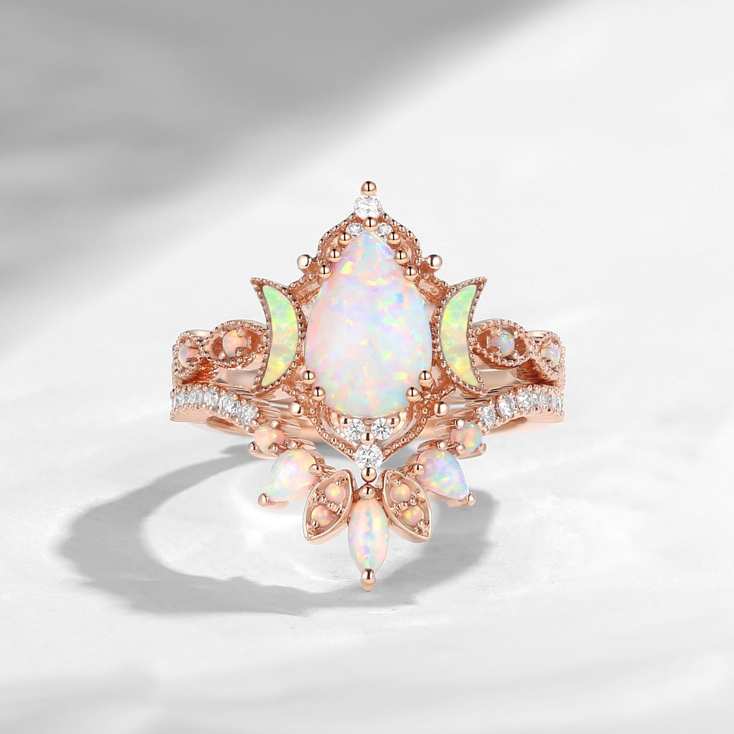 Crescent Moon | Pear Cut Pink Lab Opal 'Ultra Galaxy' Engagement Ring Set 2pcs
