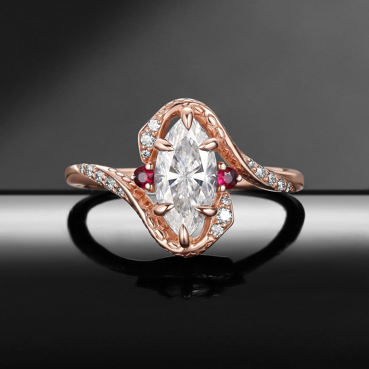 Serpent's Embrace - Gothic Marquise Cut Moissanite Twisted Snake Engagement Ring in Black Gold