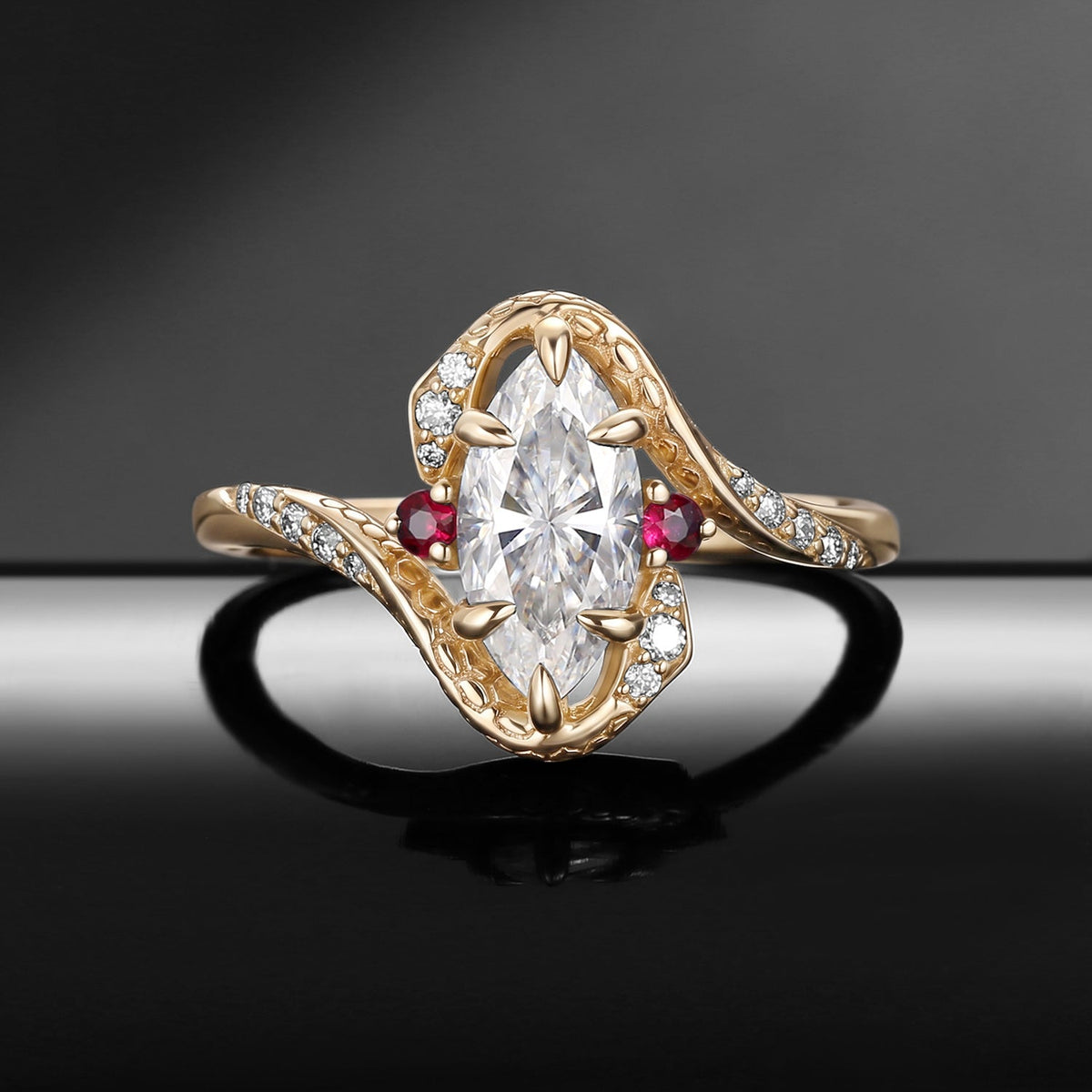 Serpent's Embrace - Gothic Marquise Cut Moissanite Twisted Snake Engagement Ring in Black Gold
