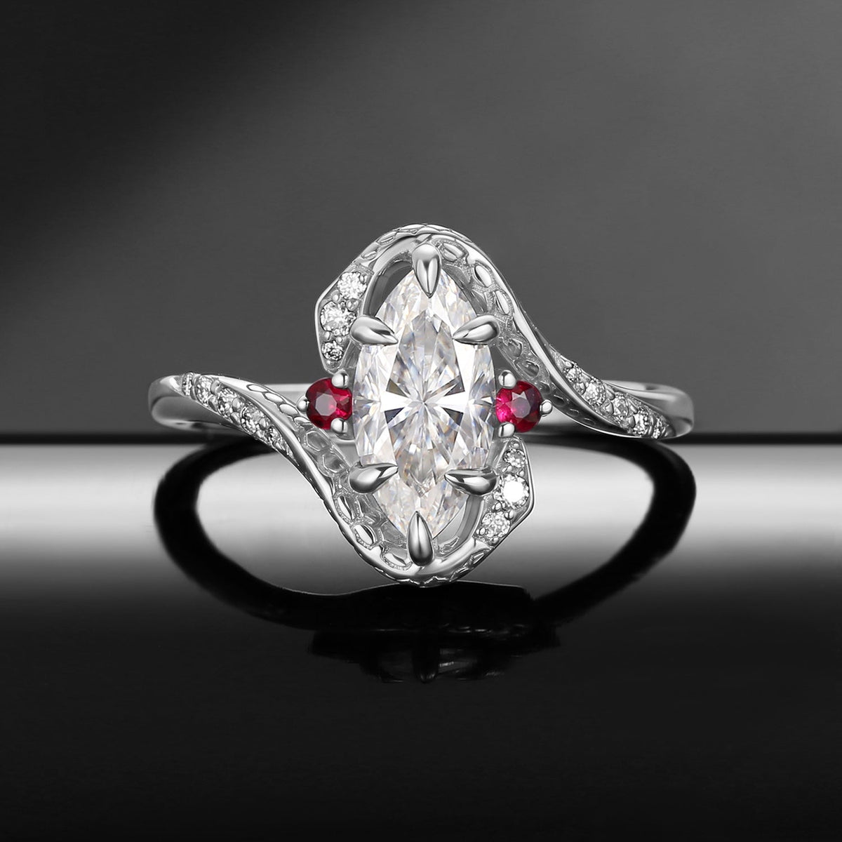 Serpent's Embrace - Gothic Marquise Cut Moissanite Twisted Snake Engagement Ring in Black Gold