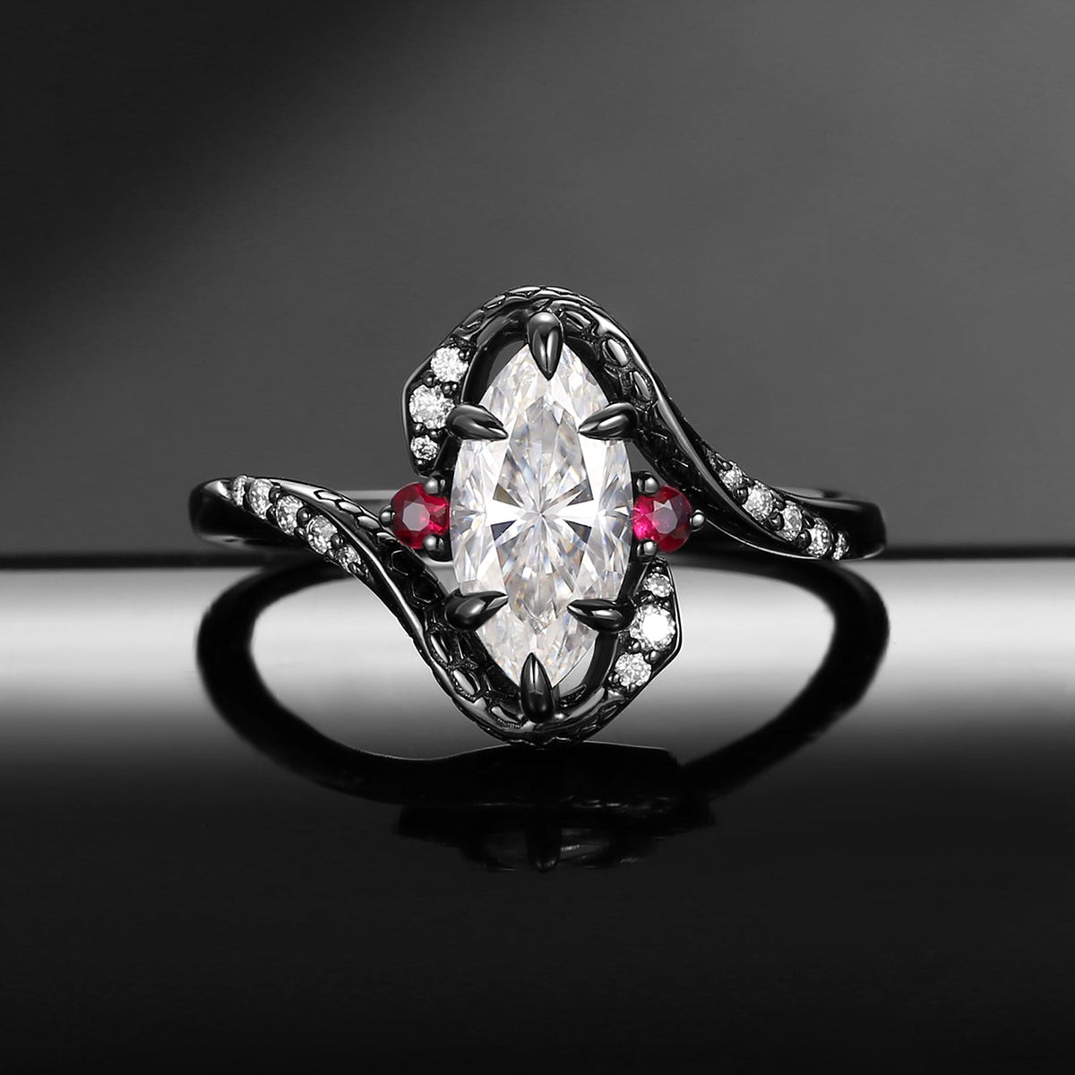 Serpent's Embrace - Gothic Marquise Cut Moissanite Twisted Snake Engagement Ring in Black Gold