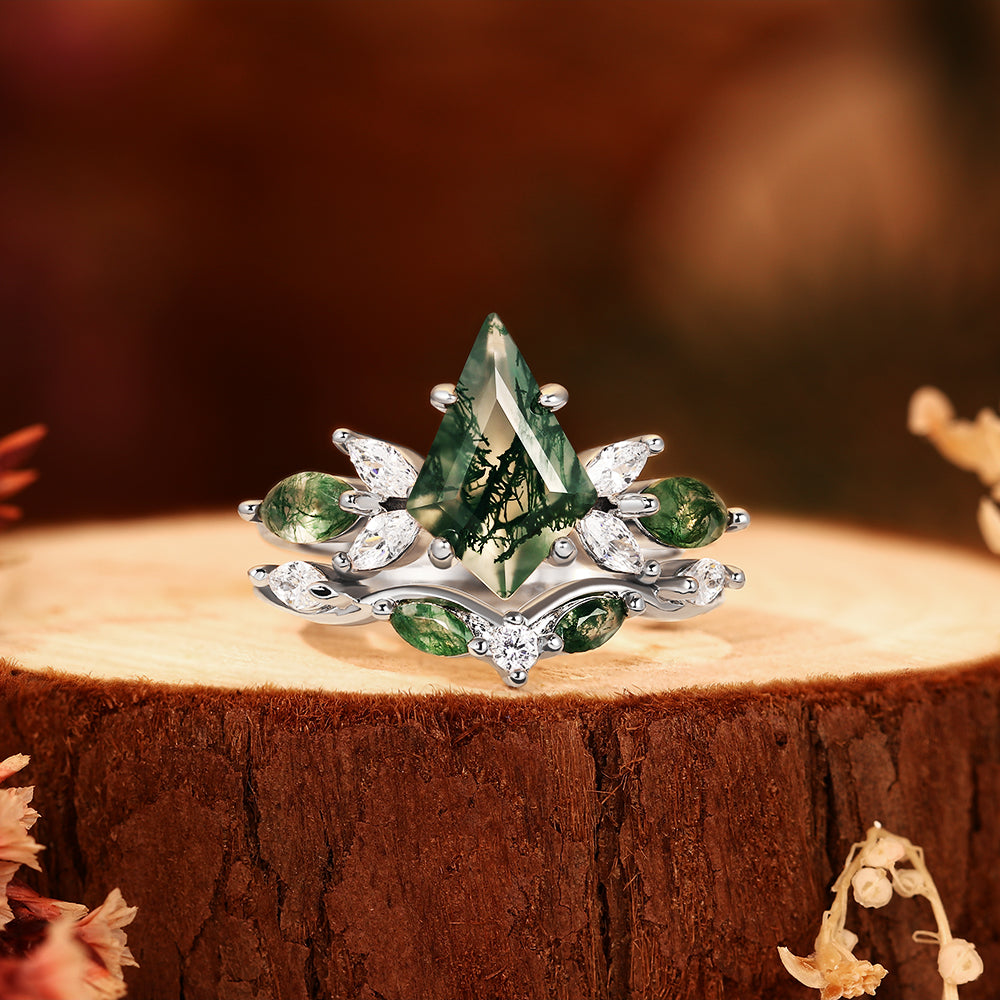 Unique 8x12mm Kite Cut Moss Agate Engagement Ring Set Nature Inspired Vintage Moissanite Wedding Band for Women