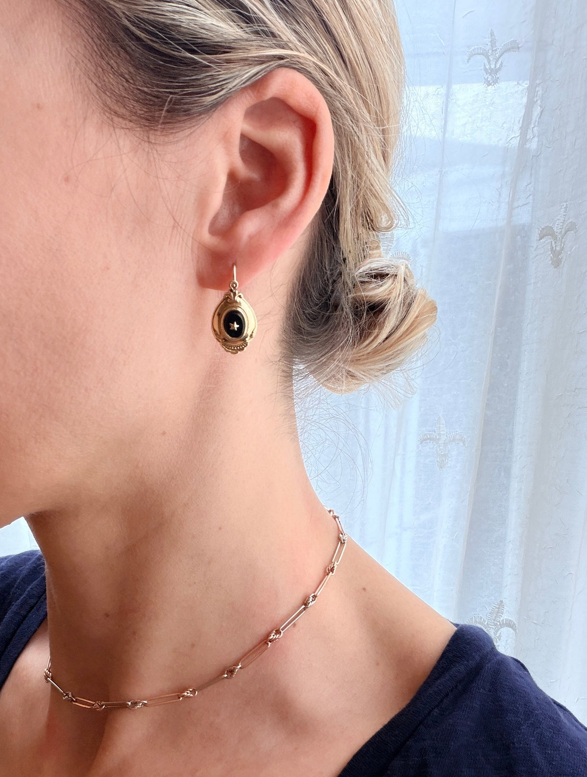 German, 8ct Gold, Art Deco Dormeuse Onyx Star earrings