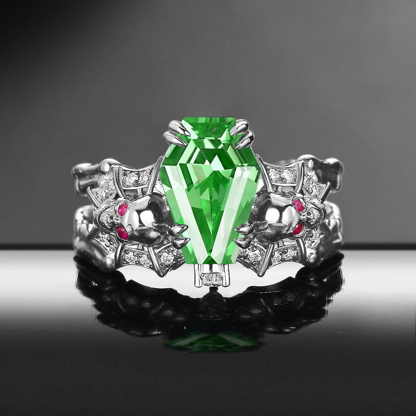 Gothic Inspired Skull & Skeleton Coffin Cut Lab Tsavorite 2-in-1 Engagement Ring