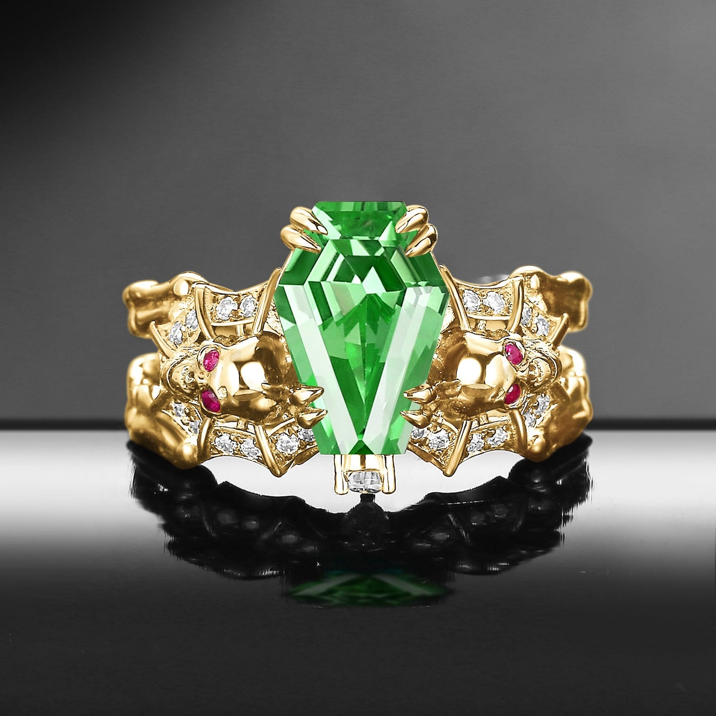 Gothic Inspired Skull & Skeleton Coffin Cut Lab Tsavorite 2-in-1 Engagement Ring