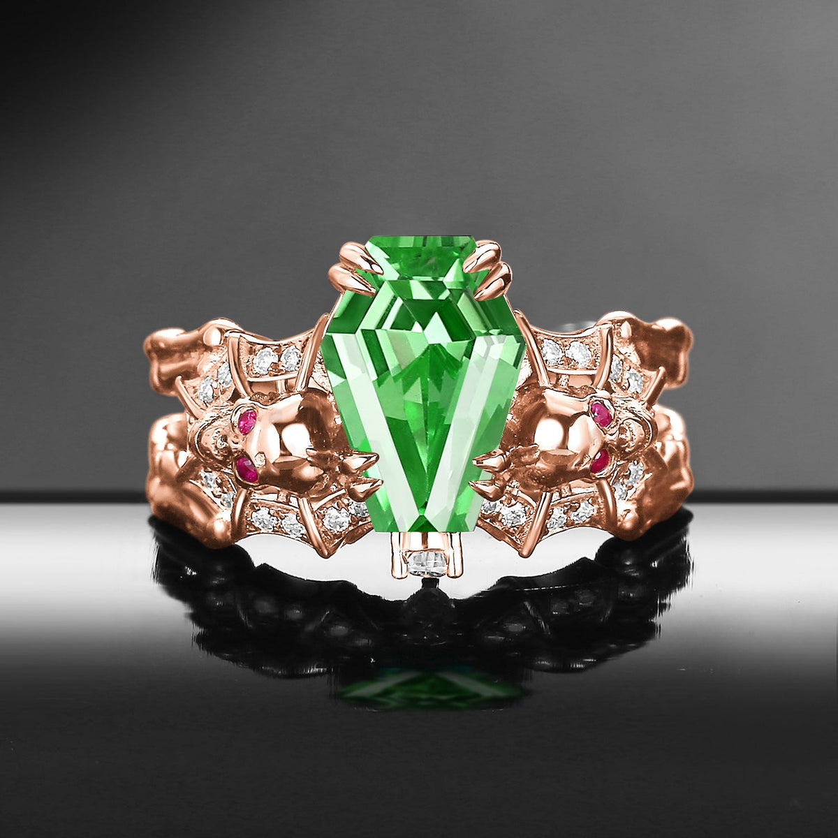 Gothic Inspired Skull & Skeleton Coffin Cut Lab Tsavorite 2-in-1 Engagement Ring
