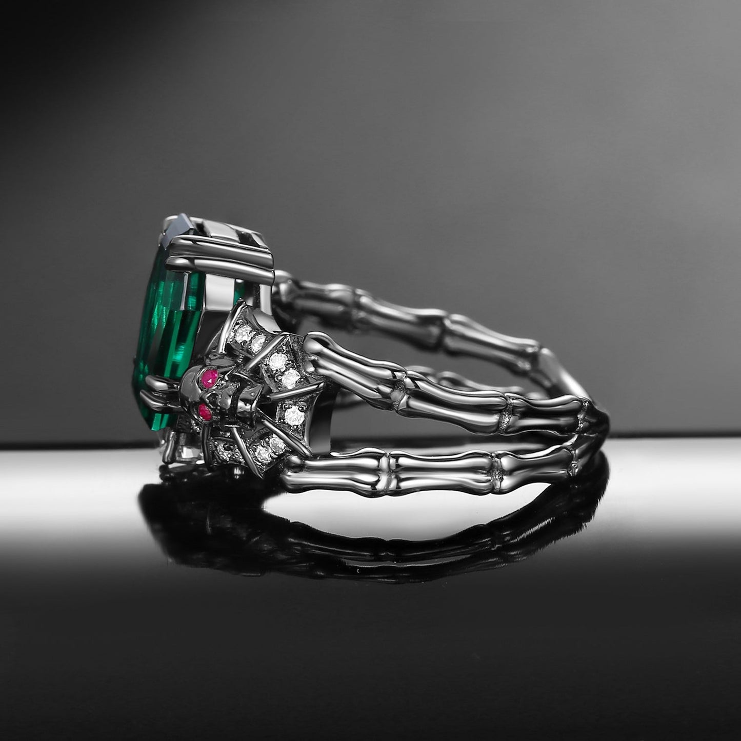 Gothic Inspired Skull & Skeleton Coffin Cut Lab Emerald 2-in-1 Engagement Ring