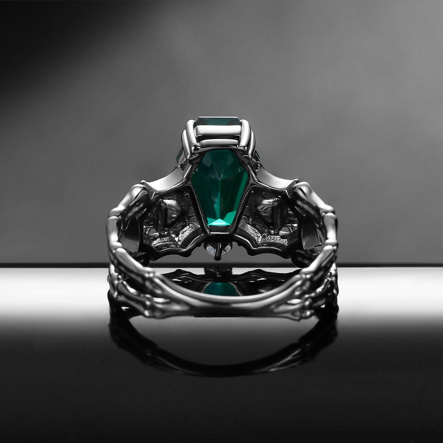 Gothic Inspired Skull & Skeleton Coffin Cut Lab Emerald 2-in-1 Engagement Ring