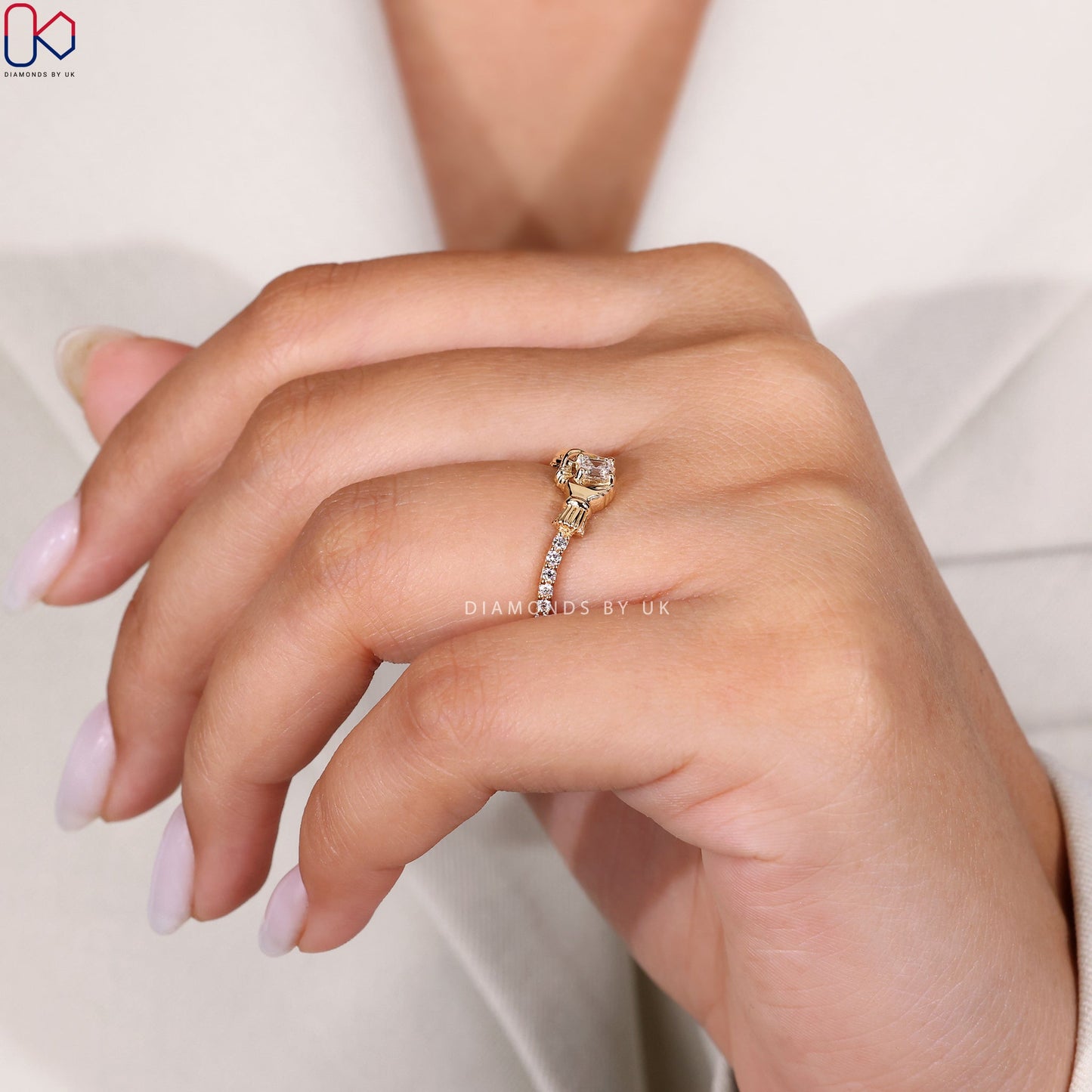 Asscher Cut Gold Claddagh Ring