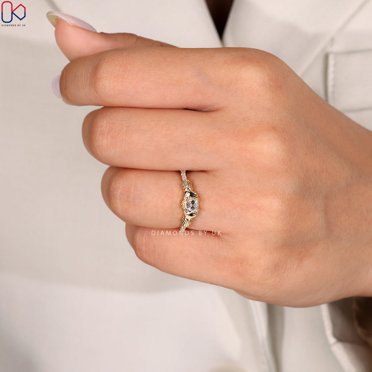 Asscher Cut Gold Claddagh Ring