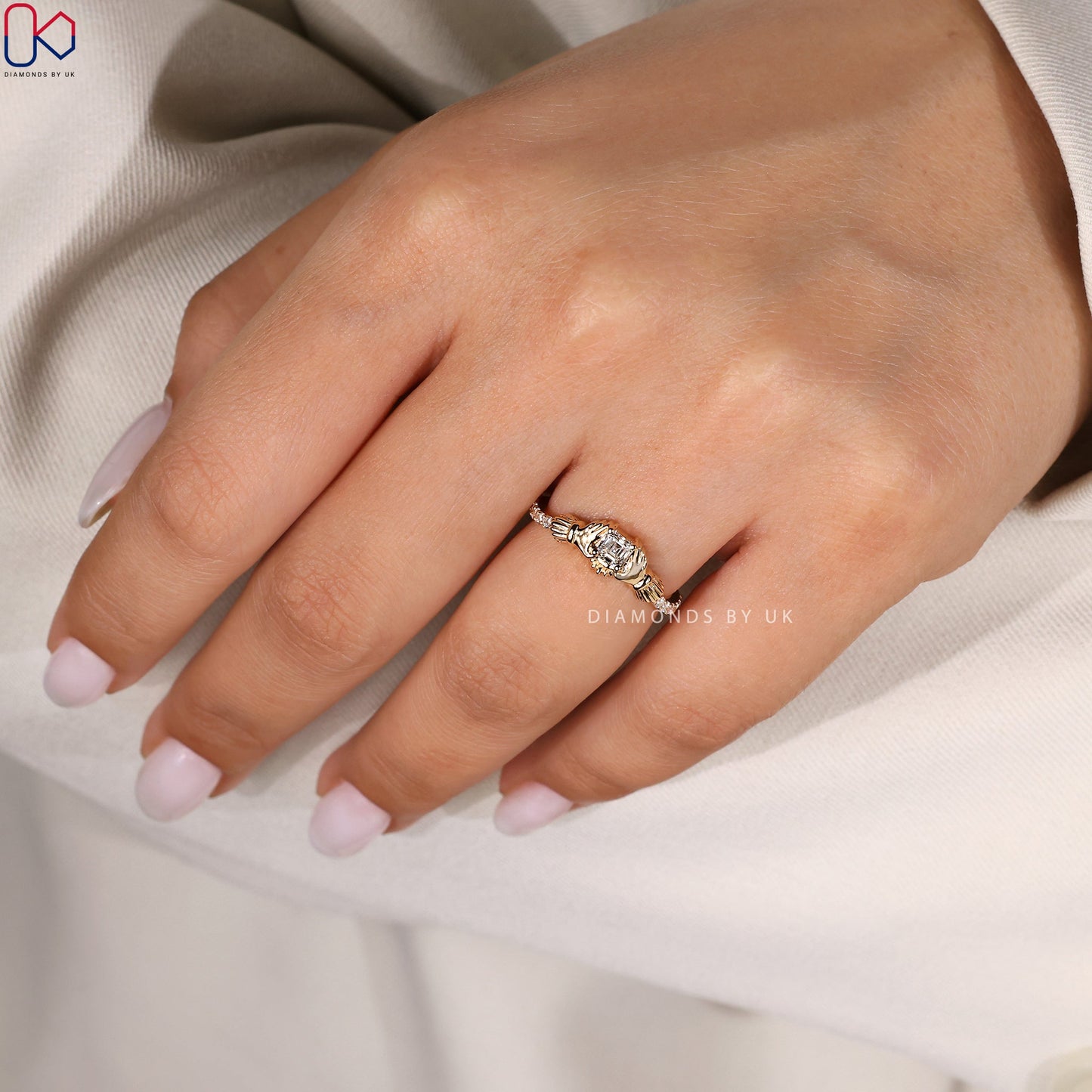 Asscher Cut Gold Claddagh Ring