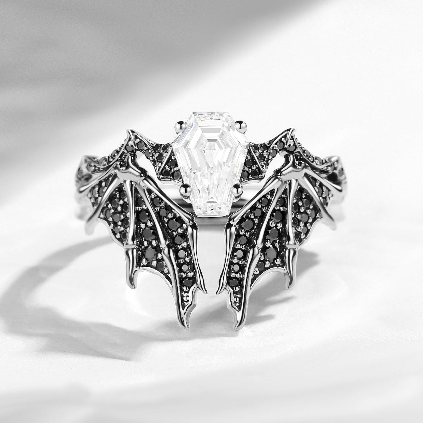 Non-Traditional Coffin Lab Diamond Vampire Engagement Ring Black Gold Bridal Set 2pcs - Bat Ring