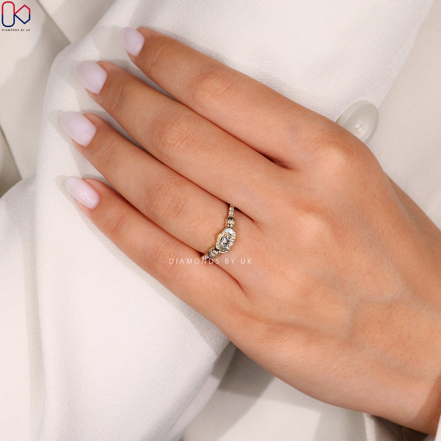 Asscher Cut Gold Claddagh Ring