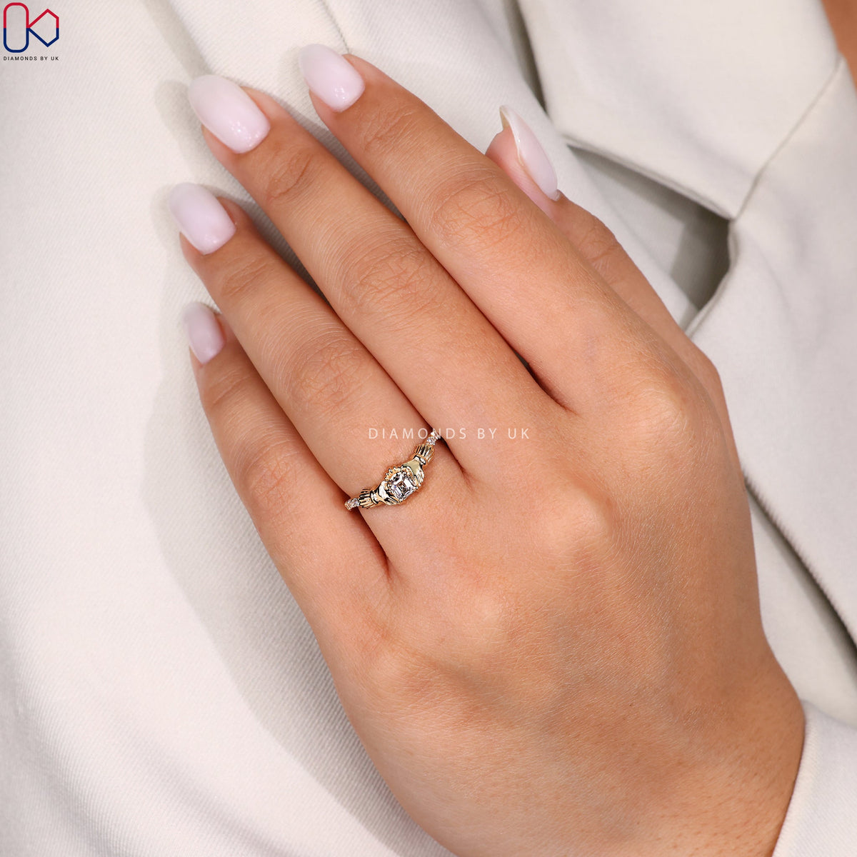 Asscher Cut Gold Claddagh Ring
