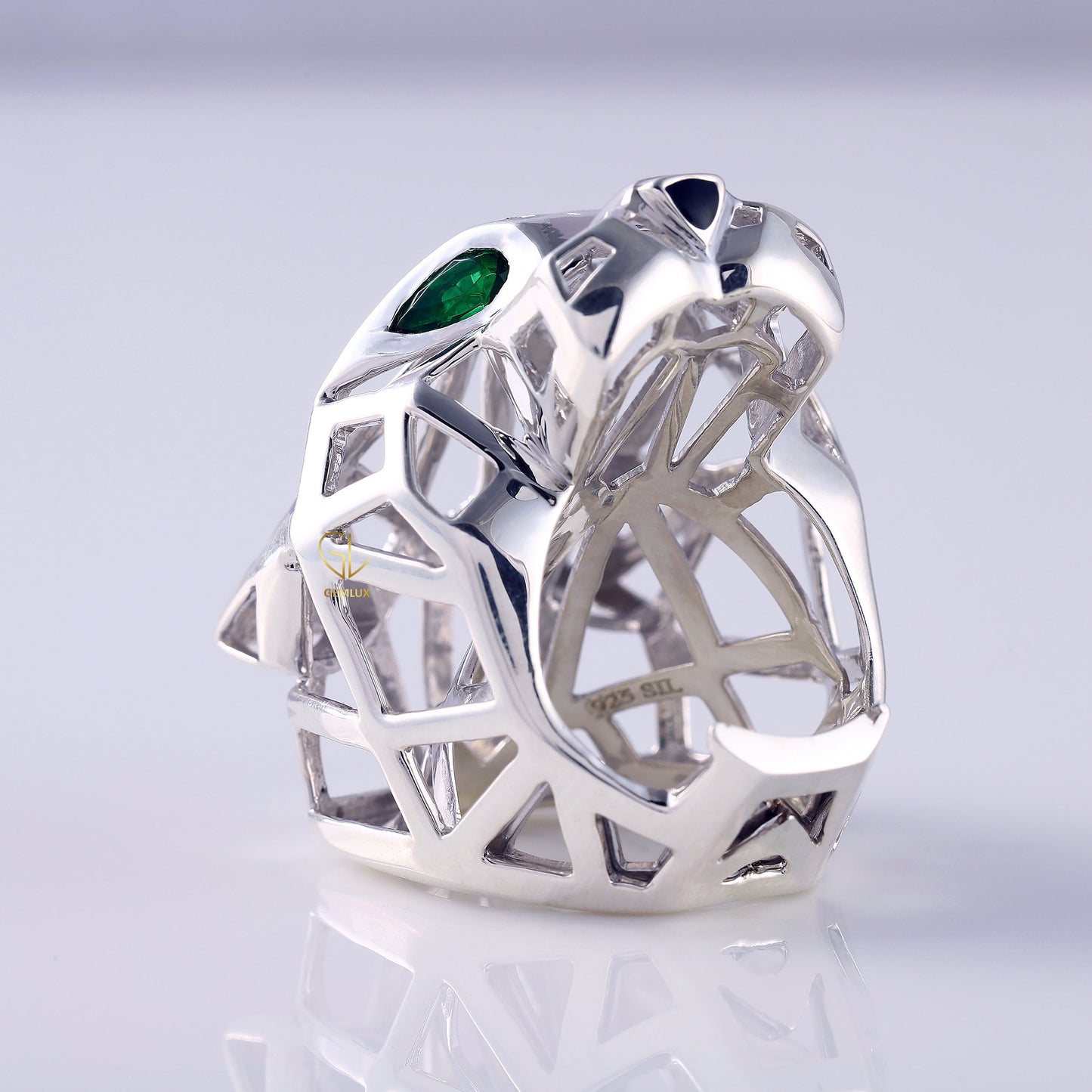 Solid Gold Green Eye Panther Ring - Animal-Inspired Design