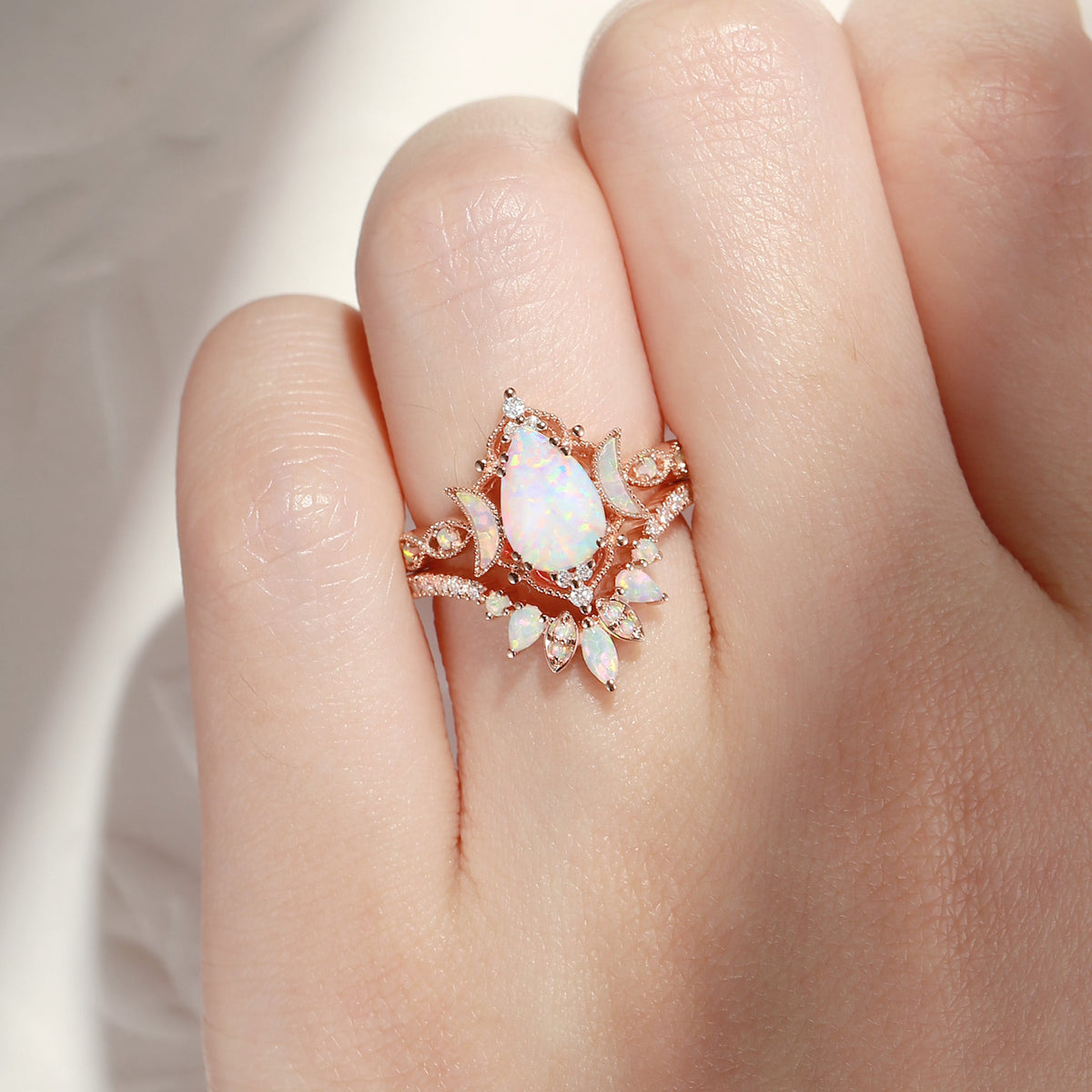 Crescent Moon | Pear Cut Pink Lab Opal 'Ultra Galaxy' Engagement Ring Set 2pcs