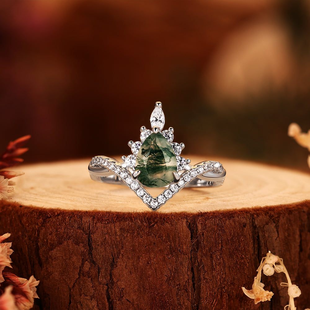 Forest Whisper - Pear Cut Moss Agate Crown Ring with Moissanite Chevron Band, Nature Inspired Wedding Jewelry