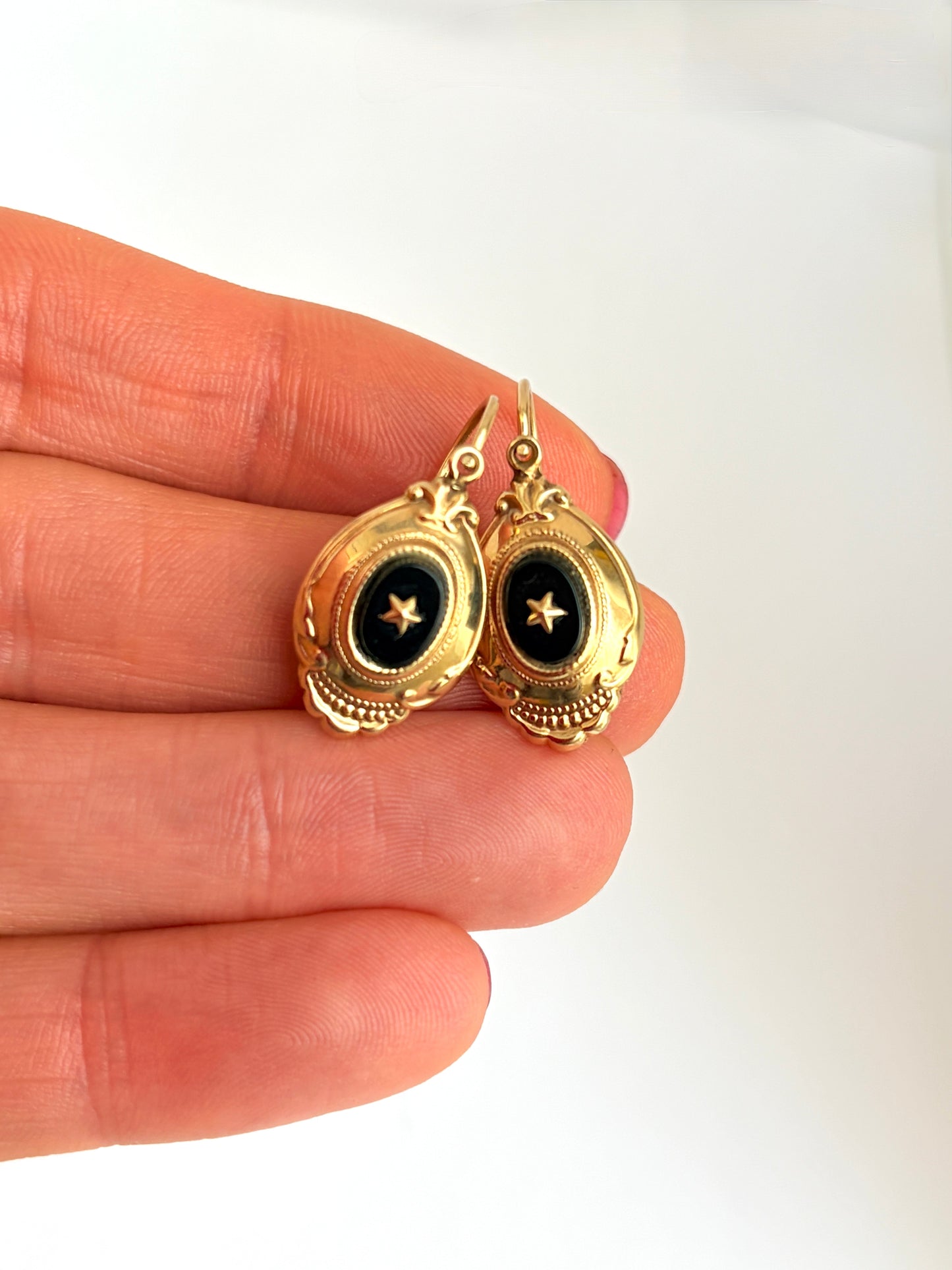 German, 8ct Gold, Art Deco Dormeuse Onyx Star earrings