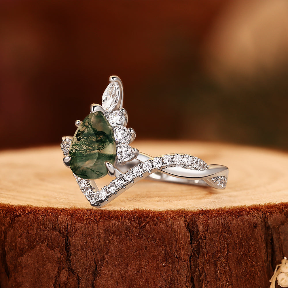 Forest Whisper - Pear Cut Moss Agate Crown Ring with Moissanite Chevron Band, Nature Inspired Wedding Jewelry