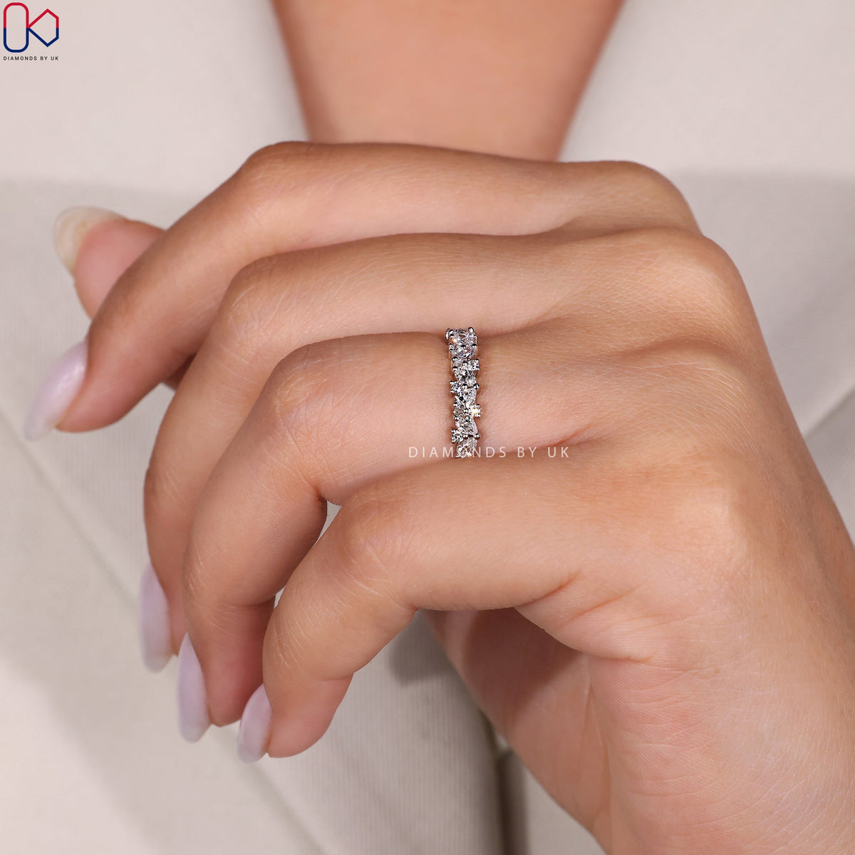 Pear And Round Wedding Band In White Gold