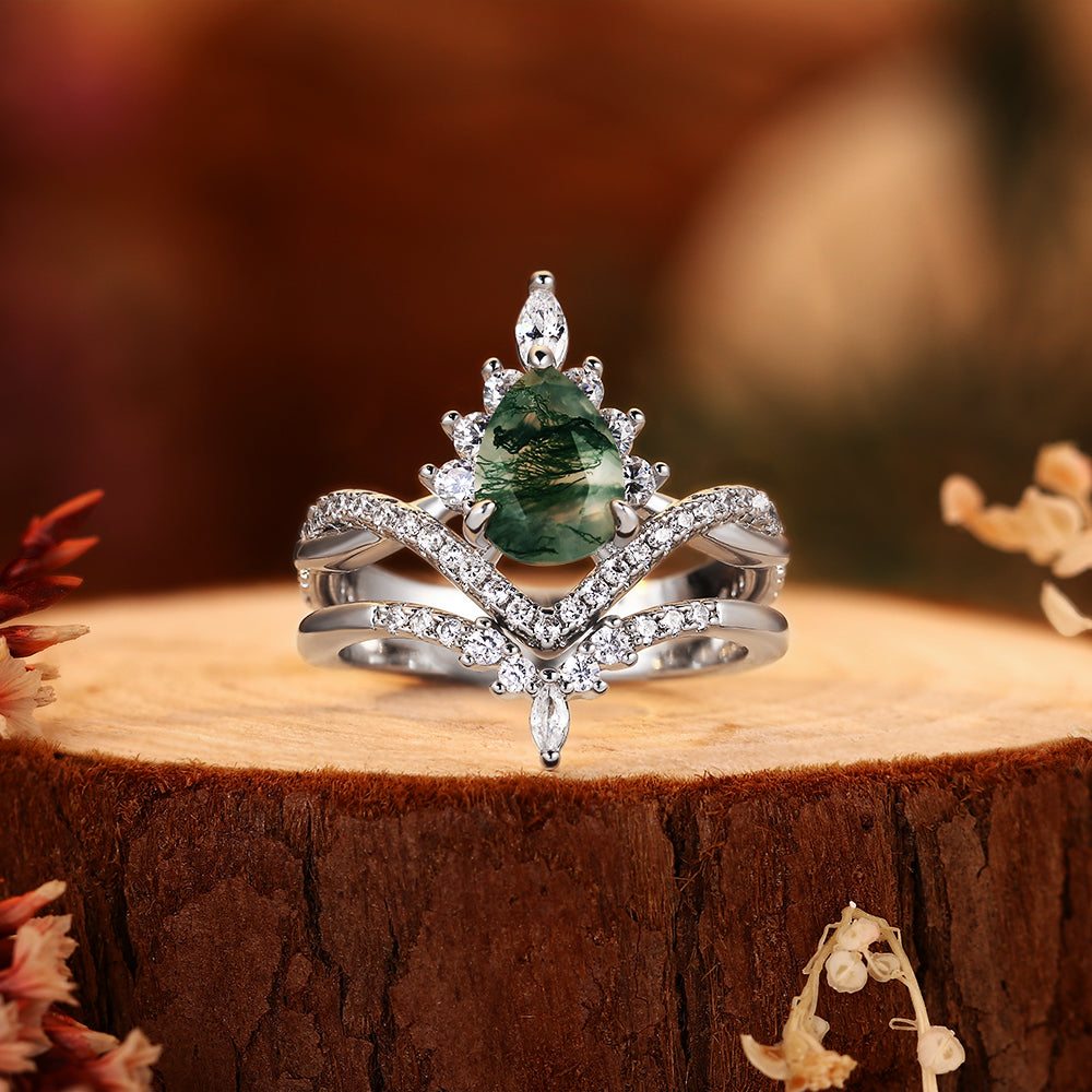 Pear Shaped Moss Agate Engagement Ring Set for Women, Vintage Nature Inspired Wedding Band, 2PCS Teardrop Agate Bridal Set