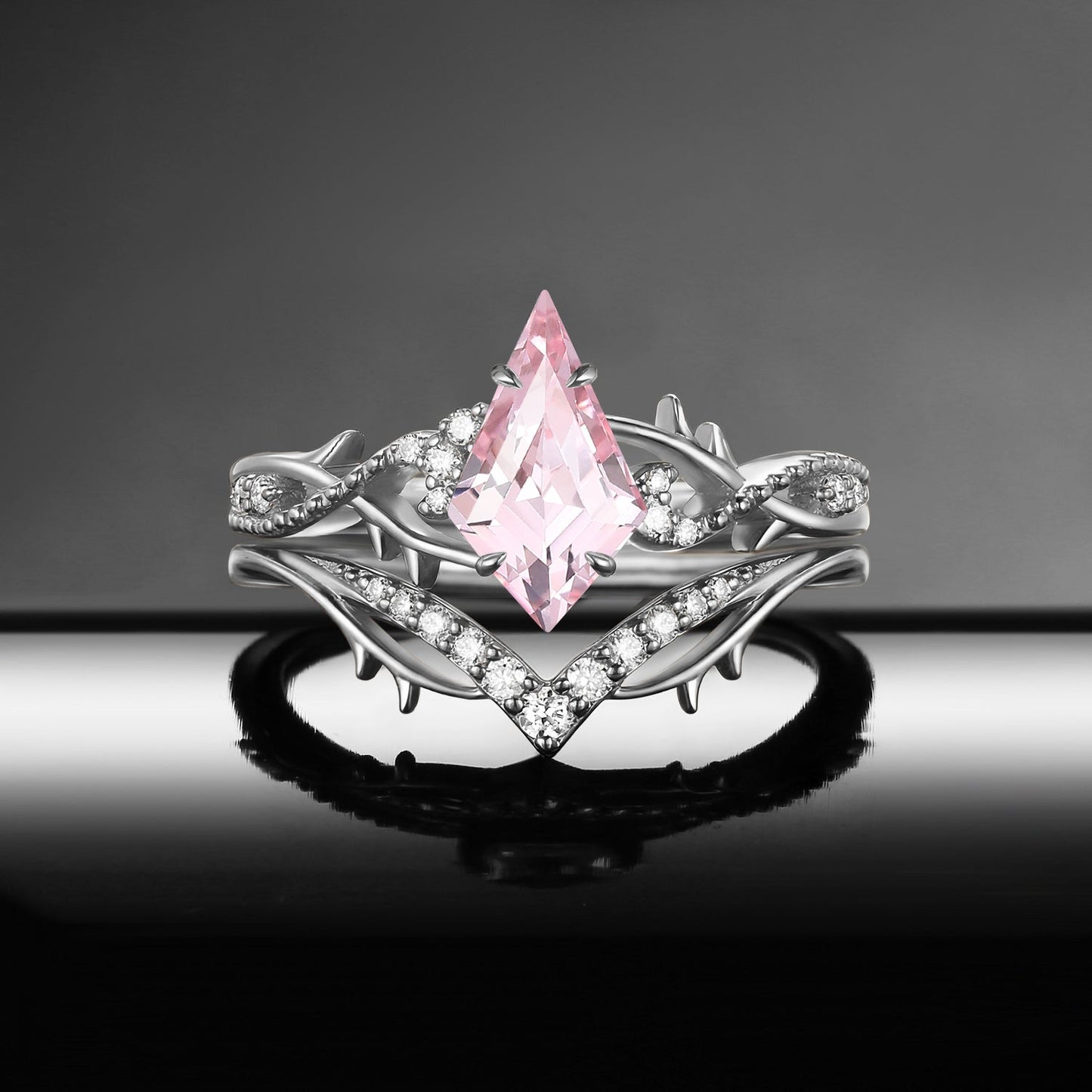 Thorns & Roses- Nature Inspired Kite Lab Pink Sapphire Twisted Vine Gothic Engagement Ring Set