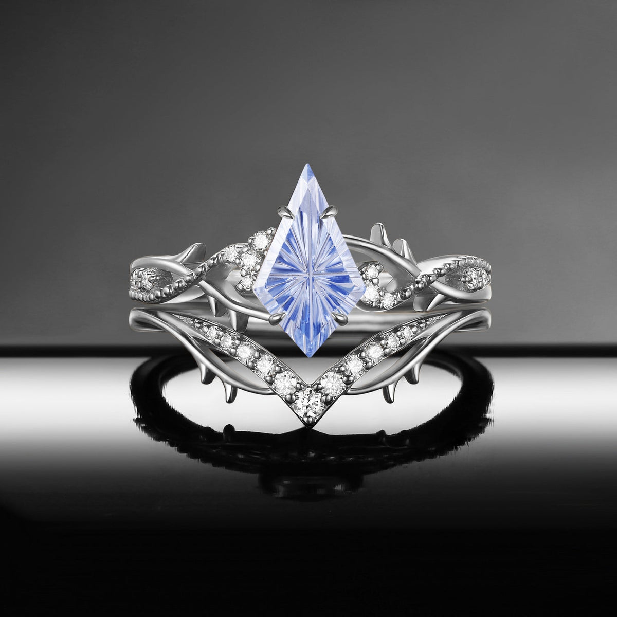 Thorns & Roses - Fantasy Carved  Gothic Nature Inspired Kite Lab Cornflower Sapphire Twisted Vine Engagement Ring Set 2pcs