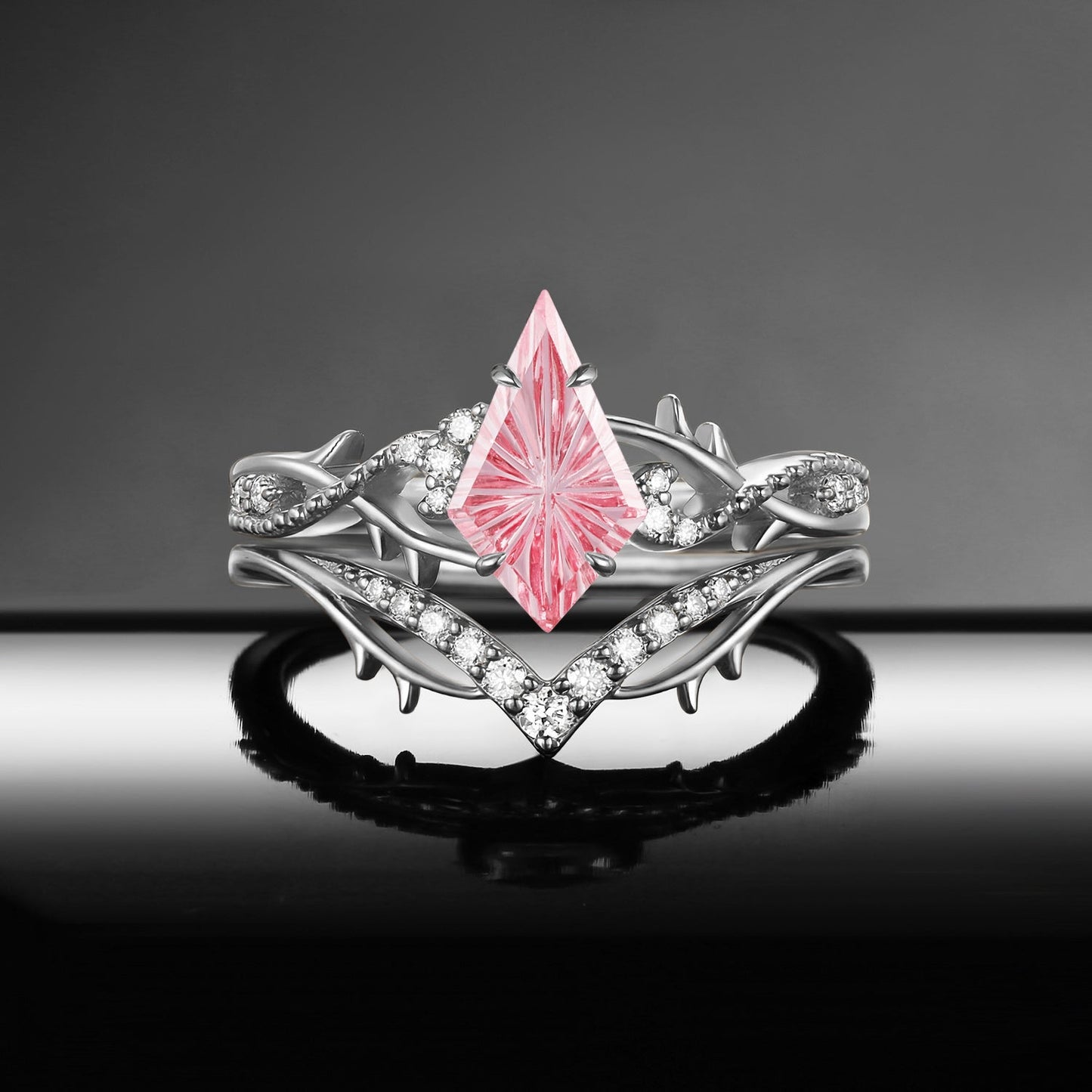 Gothic Nature Inspired Fantasy Carved Kite Lab Pink Sapphire Twisted Vine Engagement Ring Set 2pcs - 'Thorns & Roses'