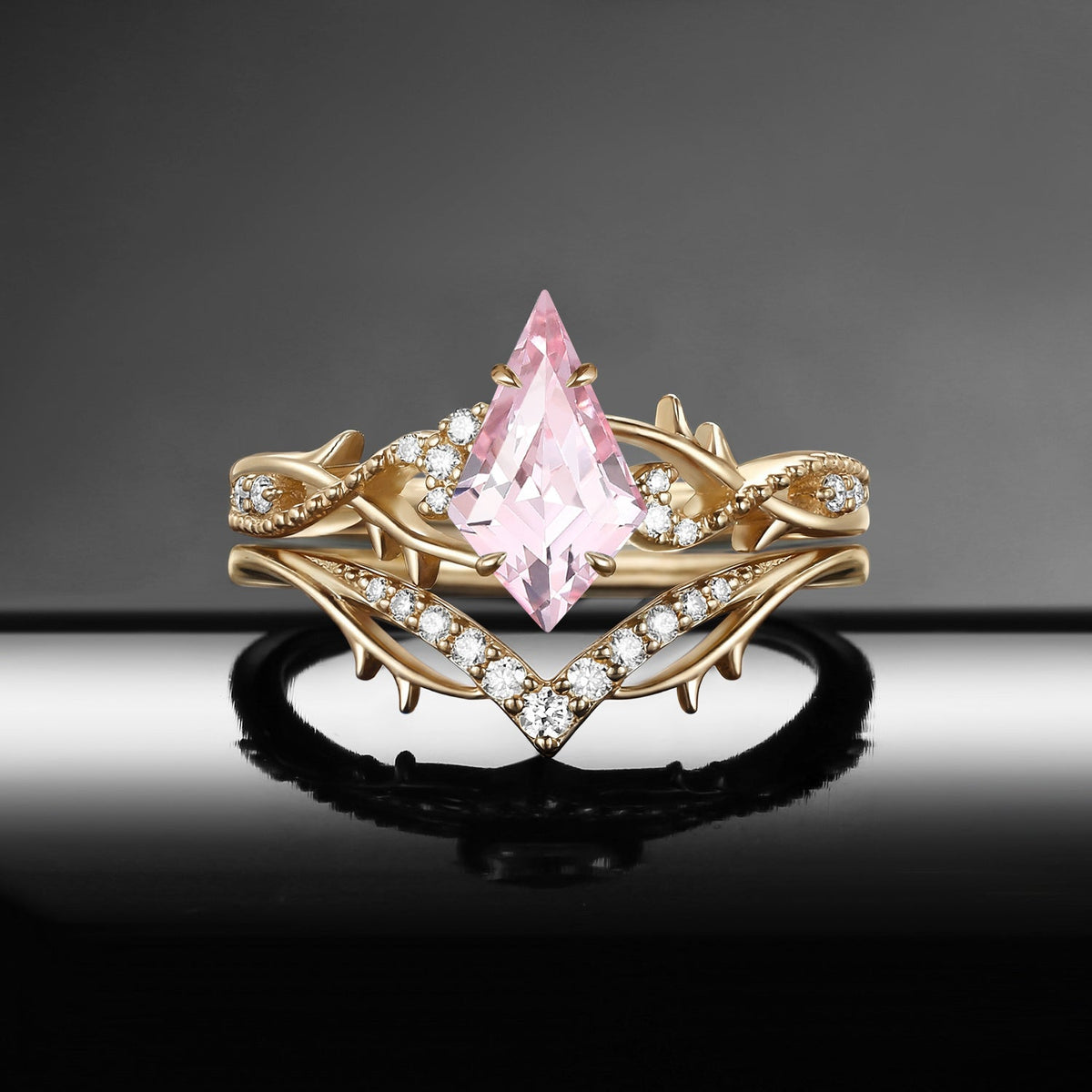 Thorns & Roses- Nature Inspired Kite Lab Pink Sapphire Twisted Vine Gothic Engagement Ring Set