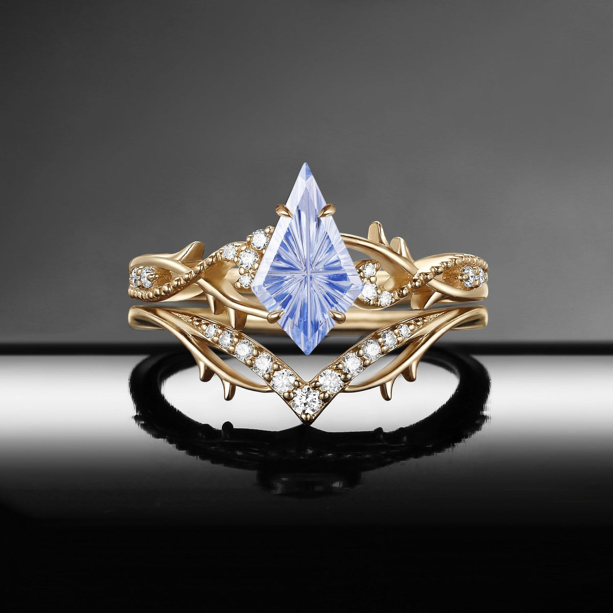 Thorns & Roses - Fantasy Carved  Gothic Nature Inspired Kite Lab Cornflower Sapphire Twisted Vine Engagement Ring Set 2pcs