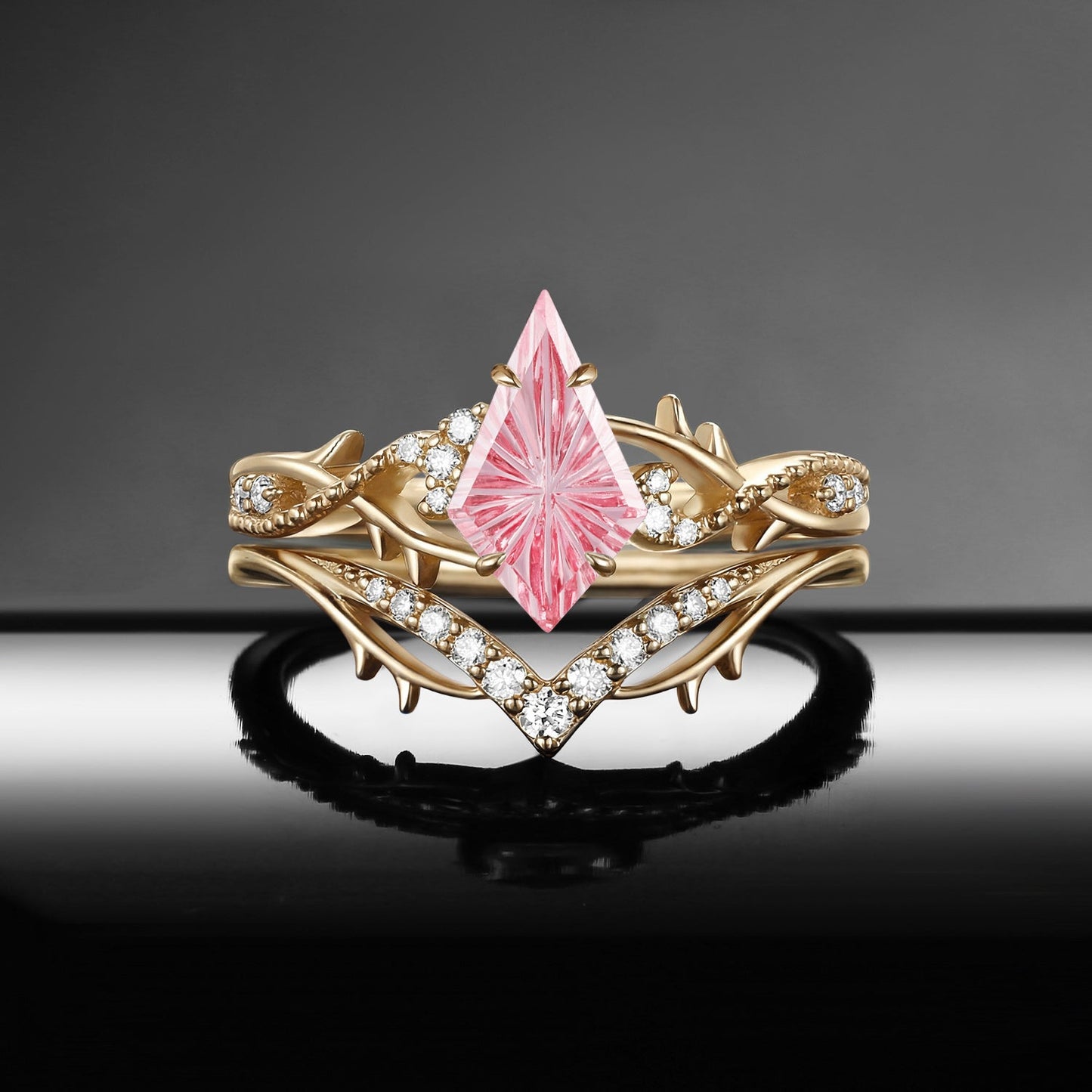 Gothic Nature Inspired Fantasy Carved Kite Lab Pink Sapphire Twisted Vine Engagement Ring Set 2pcs - 'Thorns & Roses'