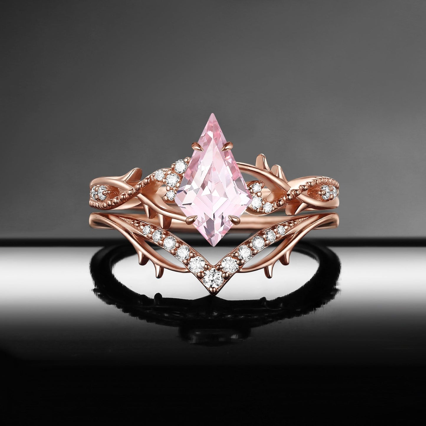 Thorns & Roses- Nature Inspired Kite Lab Pink Sapphire Twisted Vine Gothic Engagement Ring Set