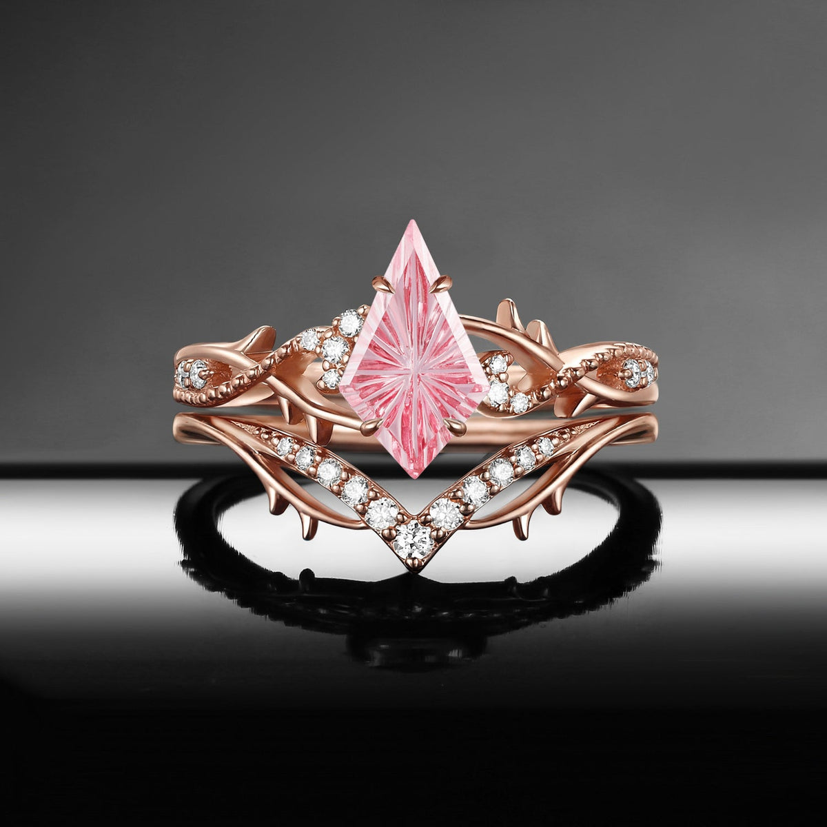 Gothic Nature Inspired Fantasy Carved Kite Lab Pink Sapphire Twisted Vine Engagement Ring Set 2pcs - 'Thorns & Roses'