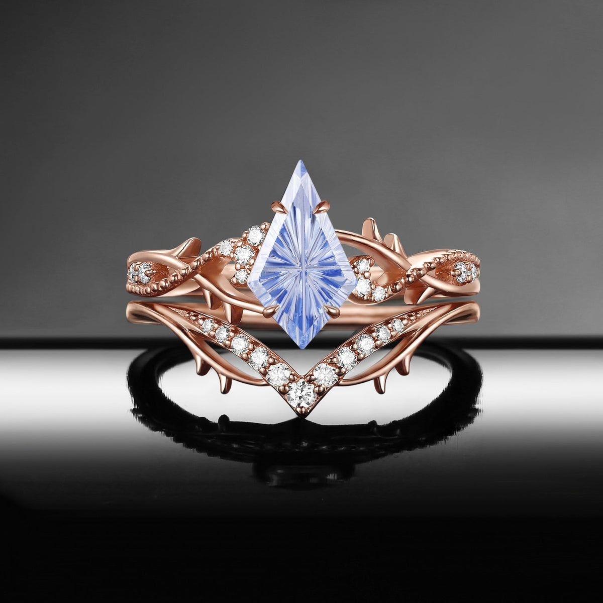 Thorns & Roses - Fantasy Carved  Gothic Nature Inspired Kite Lab Cornflower Sapphire Twisted Vine Engagement Ring Set 2pcs