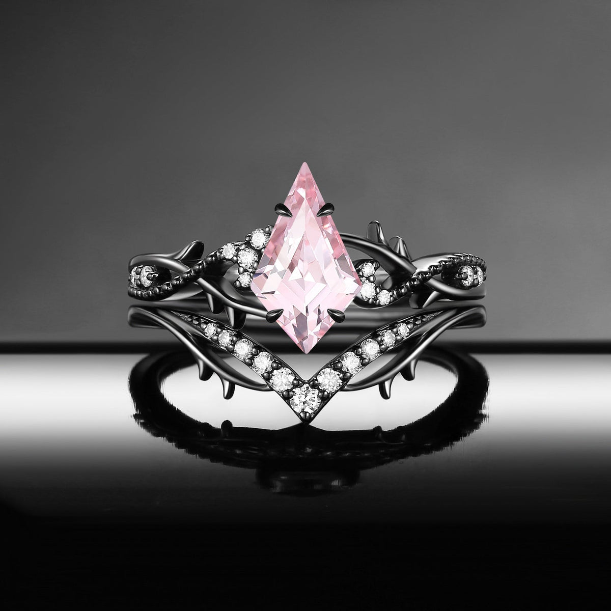 Thorns & Roses- Nature Inspired Kite Lab Pink Sapphire Twisted Vine Gothic Engagement Ring Set