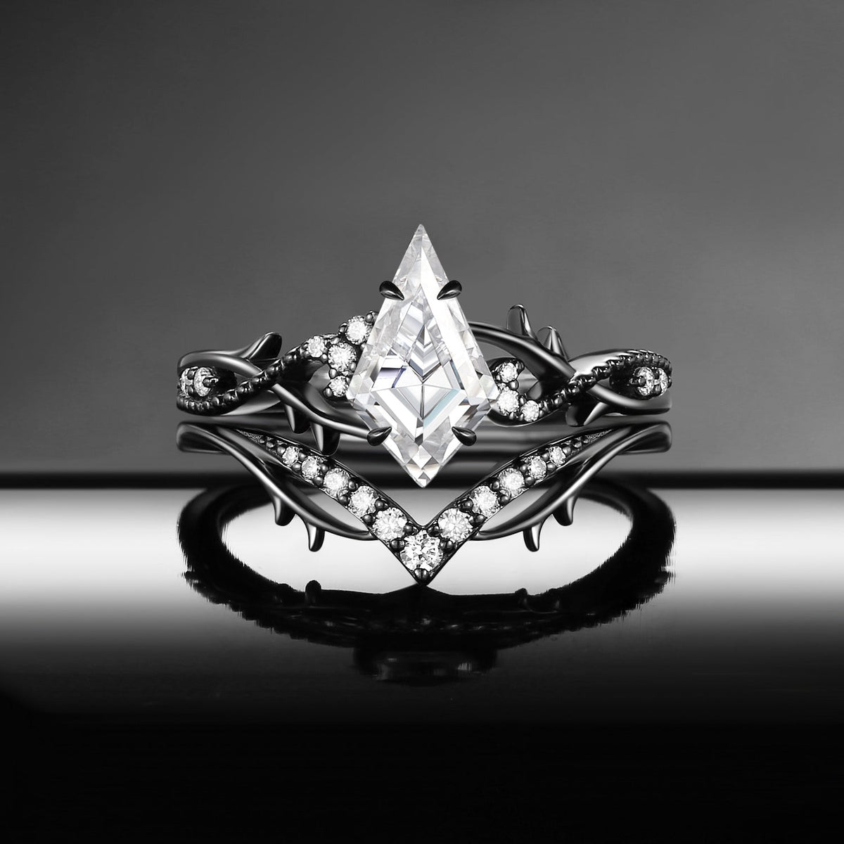 Nature Inspired Kite Moissanite Twisted Vines Gothic Black Gold Engagement Ring Set 2pcs - 'Thorns & Roses'