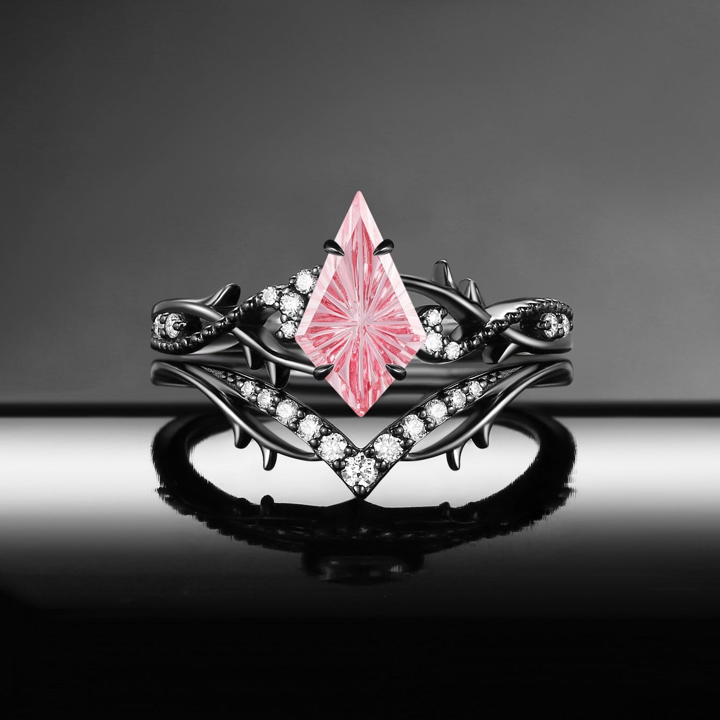Gothic Nature Inspired Fantasy Carved Kite Lab Pink Sapphire Twisted Vine Engagement Ring Set 2pcs - 'Thorns & Roses'