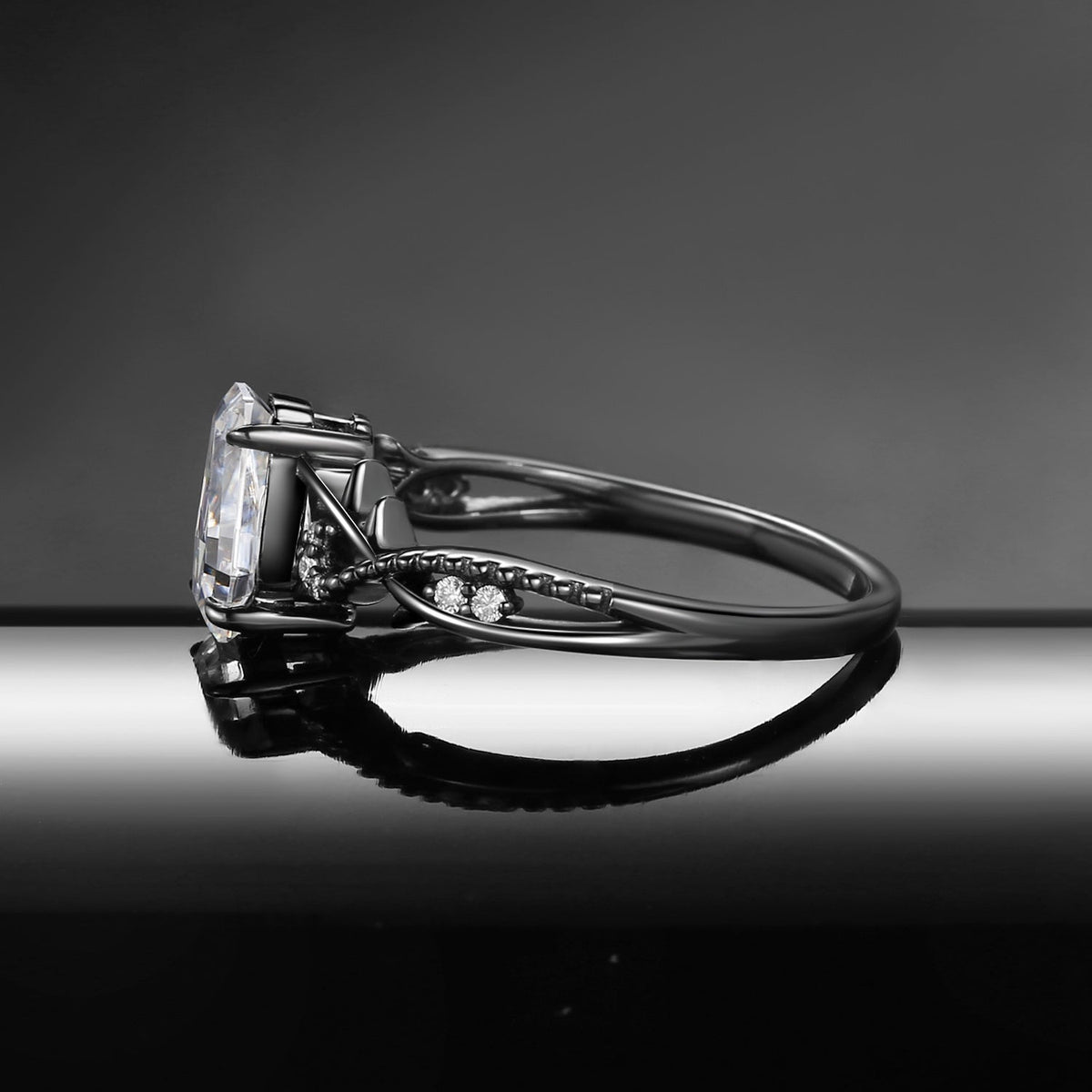 Gothic Inspired Coffin Cut Moissanite Black Gold Engagement Ring - 'Thorns & Roses'
