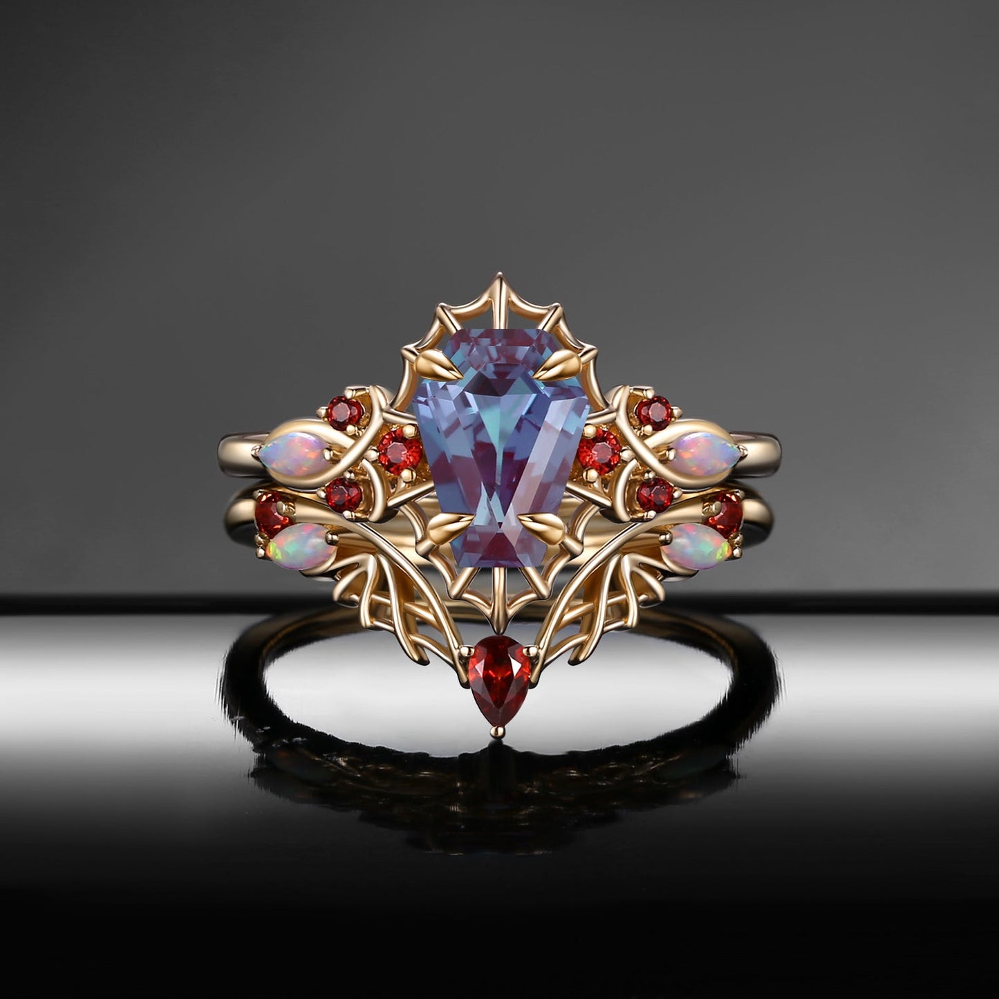 Gothic Coffin Shaped Lab Alexandrite Spider Inspired Engagement Ring Set 2pcs