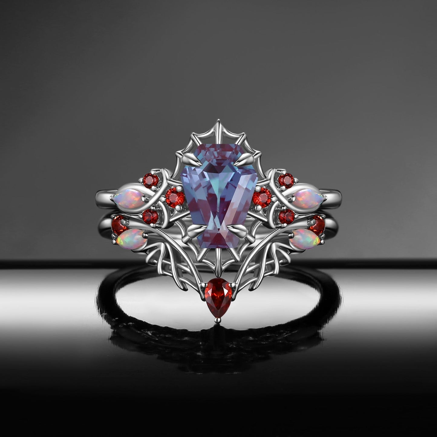Gothic Coffin Shaped Lab Alexandrite Spider Inspired Engagement Ring Set 2pcs