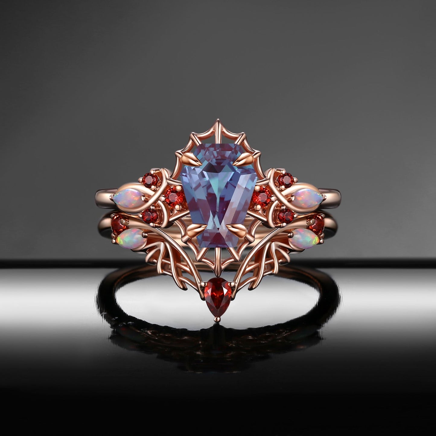 Gothic Coffin Shaped Lab Alexandrite Spider Inspired Engagement Ring Set 2pcs